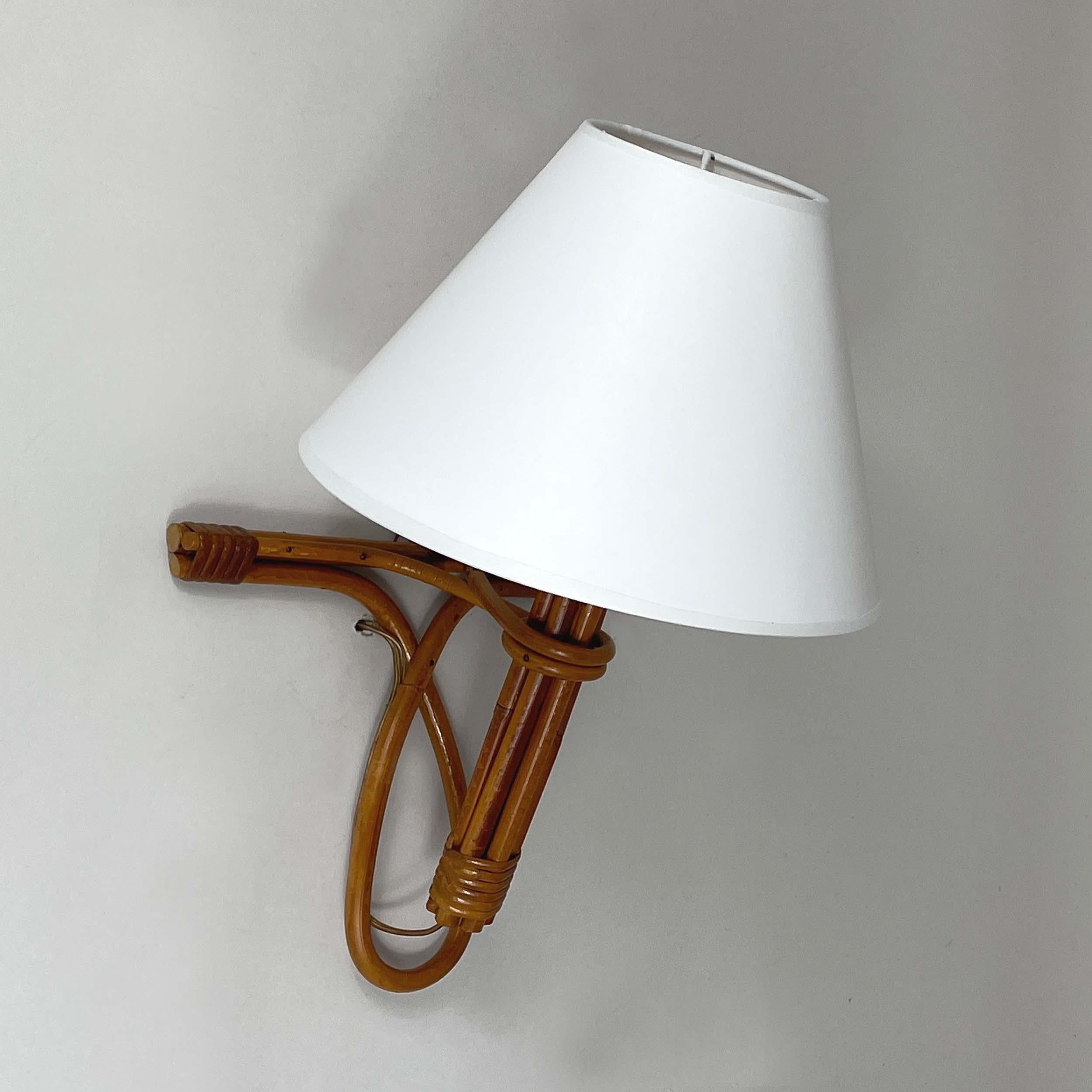 French Riviera Rattan Bamboo and Wicker Sconce, Louis Sognot, France 1960s For Sale 4