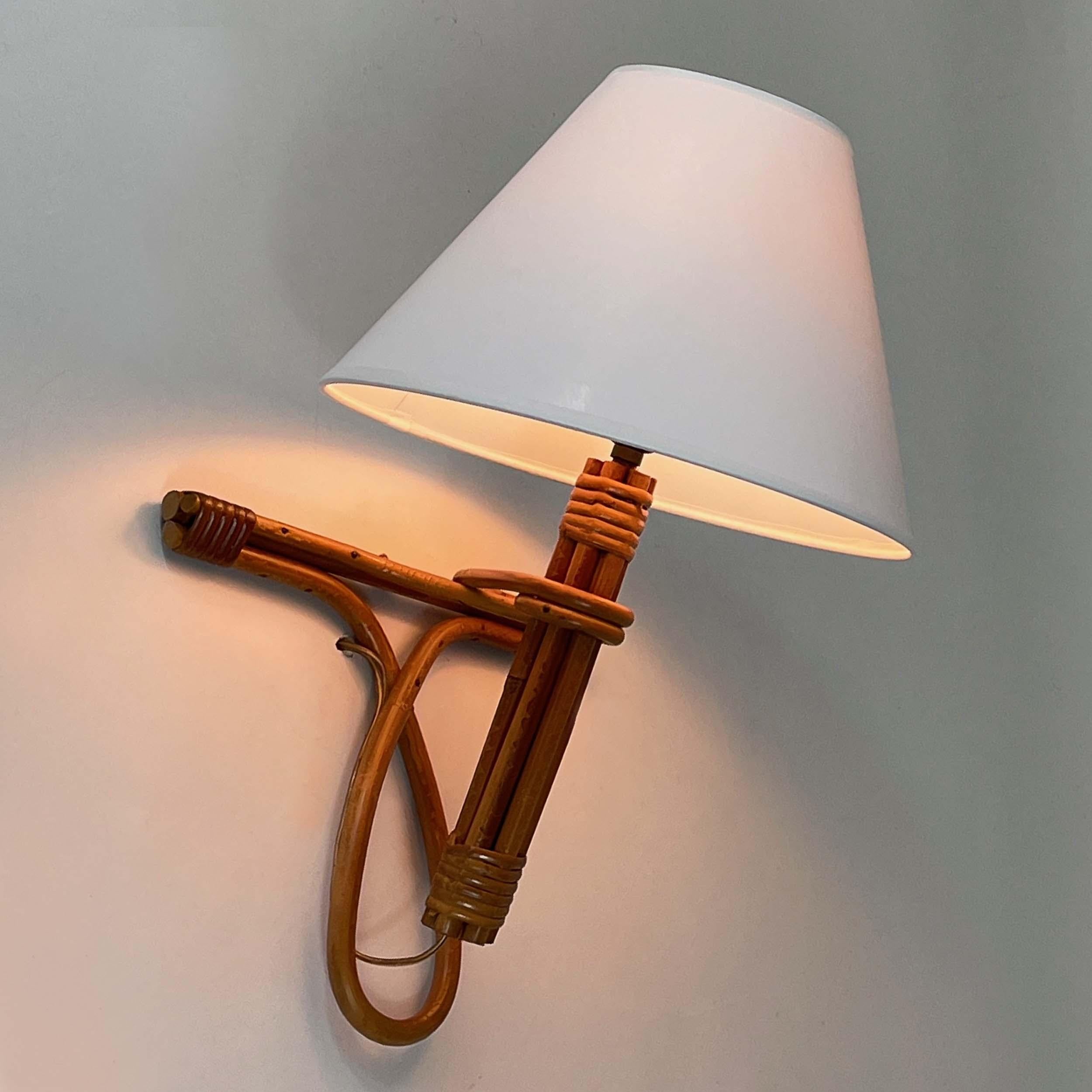 French Riviera Rattan Bamboo and Wicker Sconce, Louis Sognot, France 1960s For Sale 5