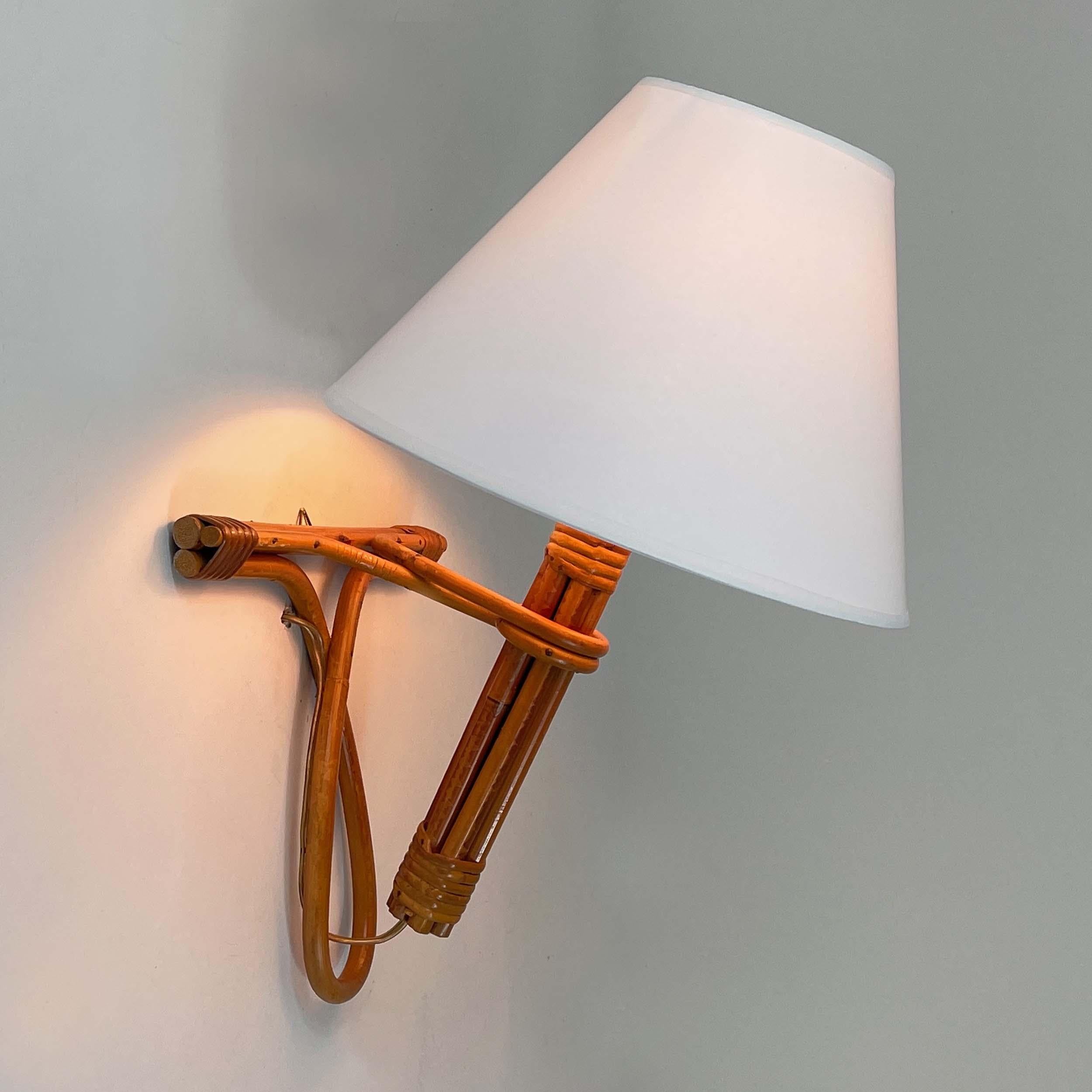 French Riviera Rattan Bamboo and Wicker Sconce, Louis Sognot, France 1960s For Sale 6