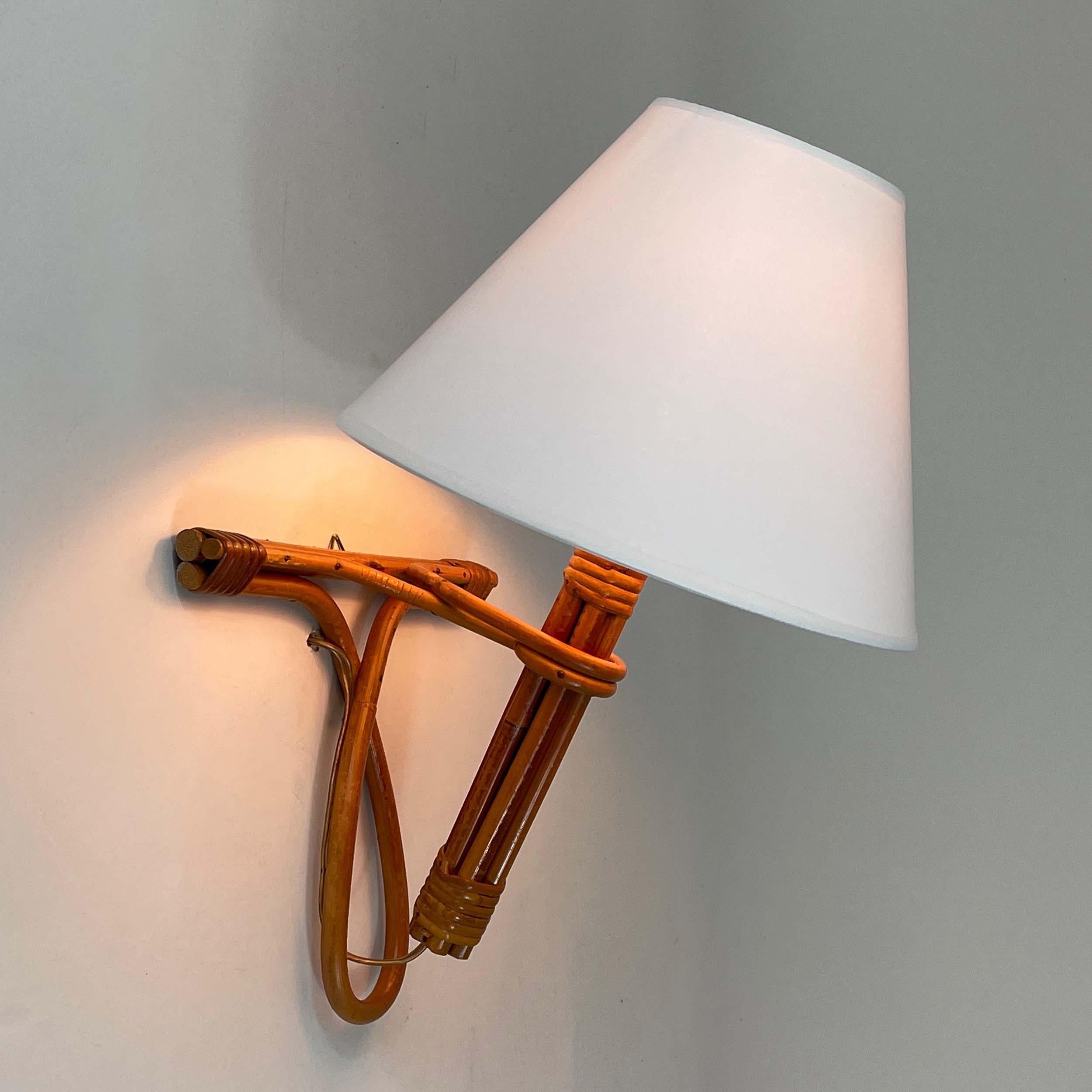 Mid-Century Modern French Riviera Rattan Bamboo and Wicker Sconce, Louis Sognot, France 1960s For Sale