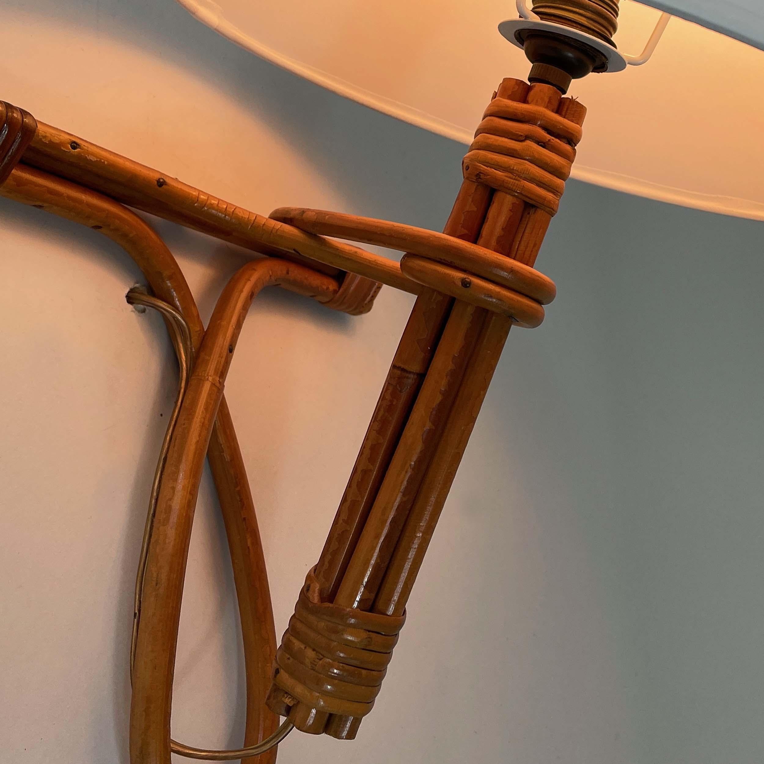Mid-20th Century French Riviera Rattan Bamboo and Wicker Sconce, Louis Sognot, France 1960s For Sale