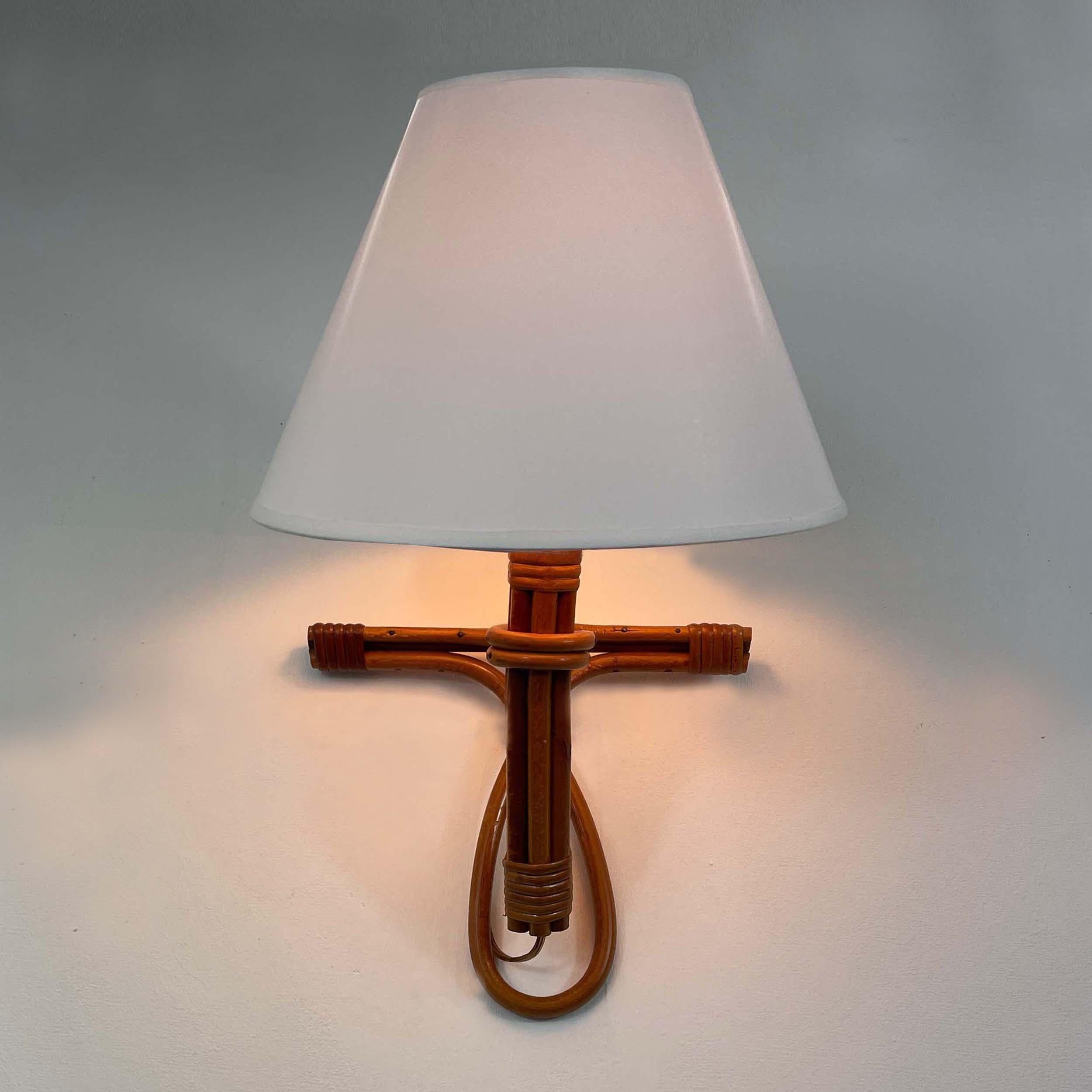 French Riviera Rattan Bamboo and Wicker Sconce, Louis Sognot, France 1960s For Sale 3