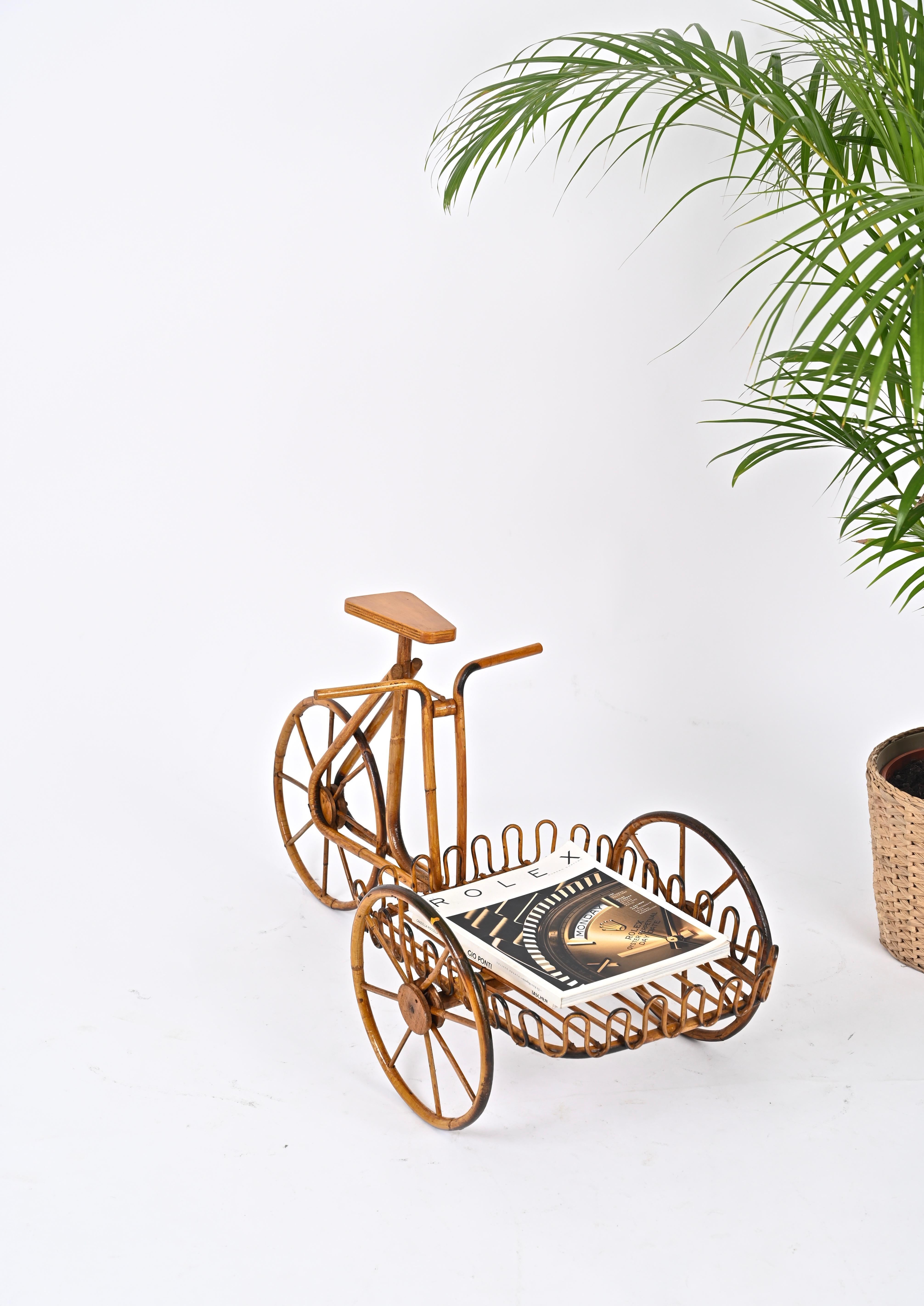 French Riviera Rattan Bicycle Shaped Magazine Rack or Plant Holder, Italy 1960s For Sale 6