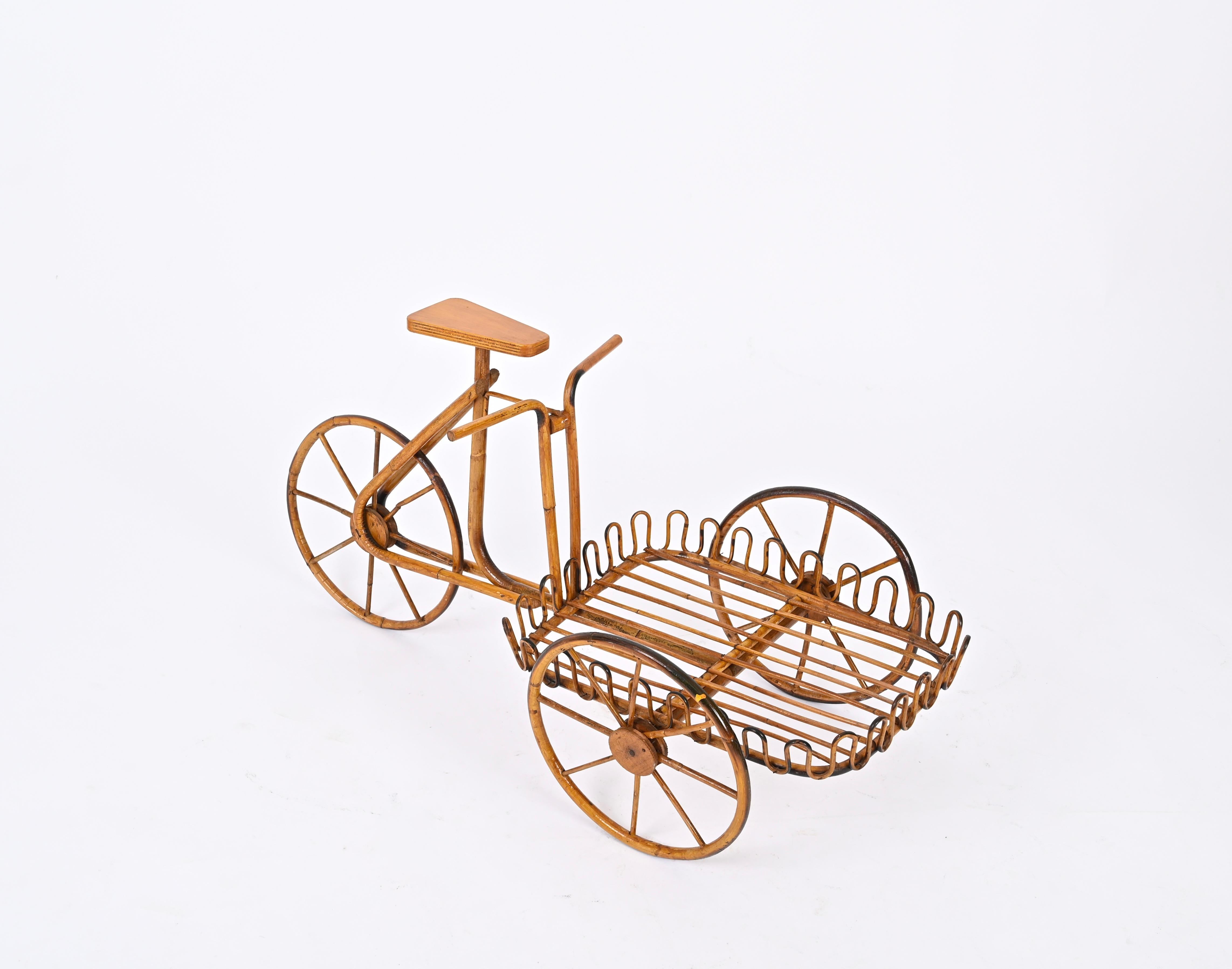 French Riviera Rattan Bicycle Shaped Magazine Rack or Plant Holder, Italy 1960s For Sale 8