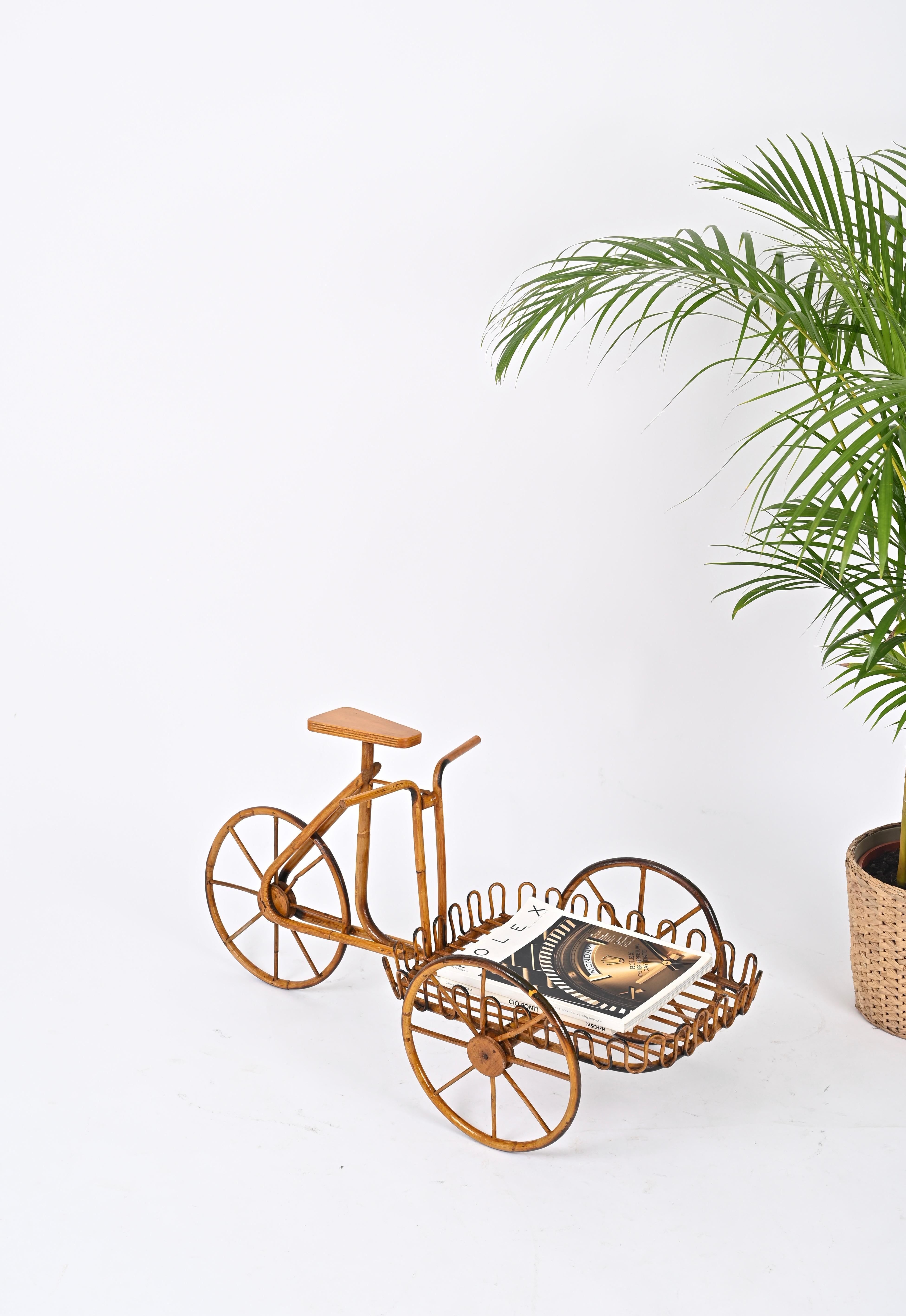 Italian French Riviera Rattan Bicycle Shaped Magazine Rack or Plant Holder, Italy 1960s For Sale