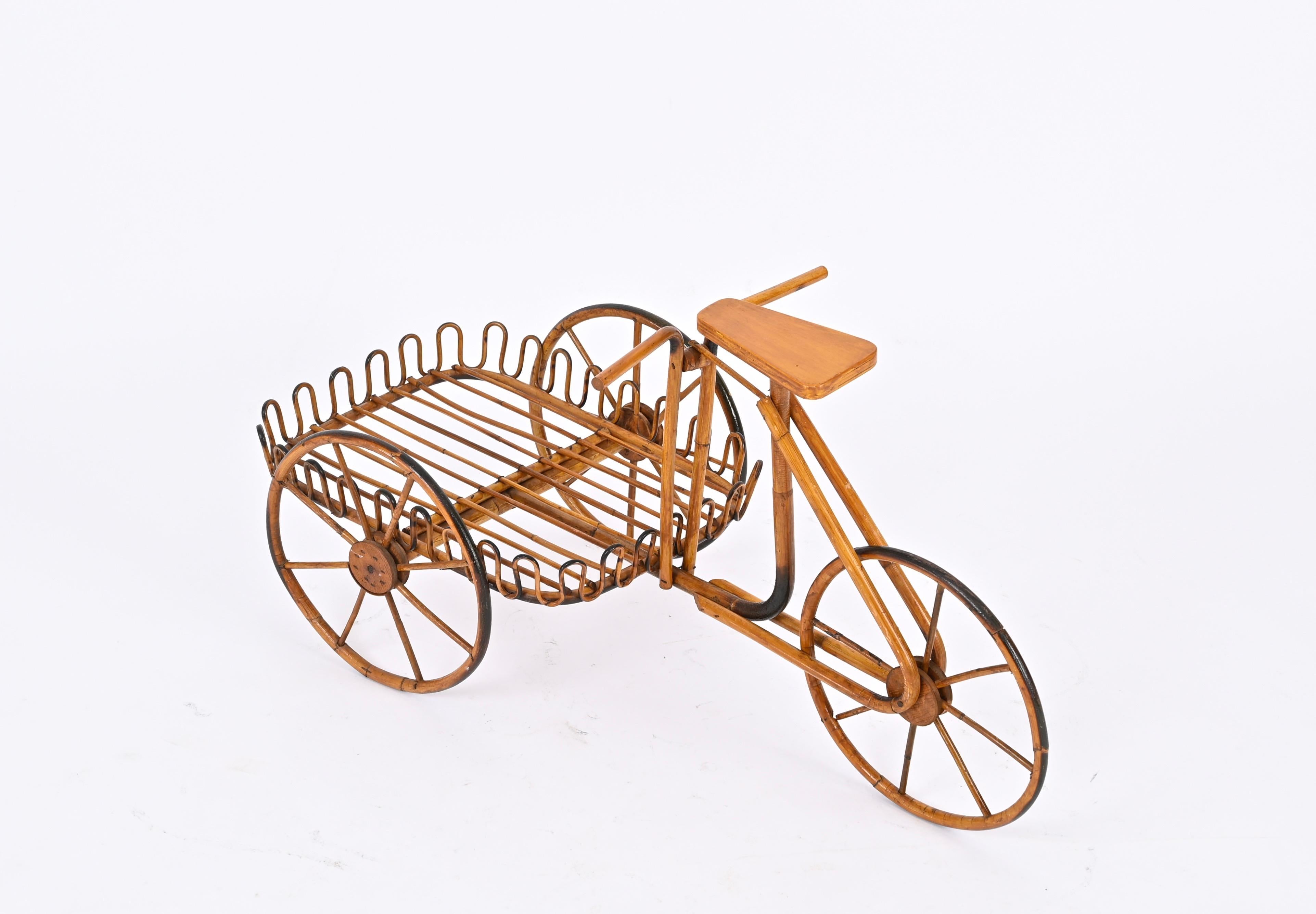 French Riviera Rattan Bicycle Shaped Magazine Rack or Plant Holder, Italy 1960s For Sale 1