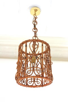 French Riviera Rattan Cylinder Ceiling Pendant Light / Lantern, 60's