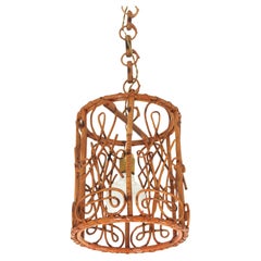 French Riviera Rattan Cylinder Ceiling Pendant Light / Lantern, 60's
