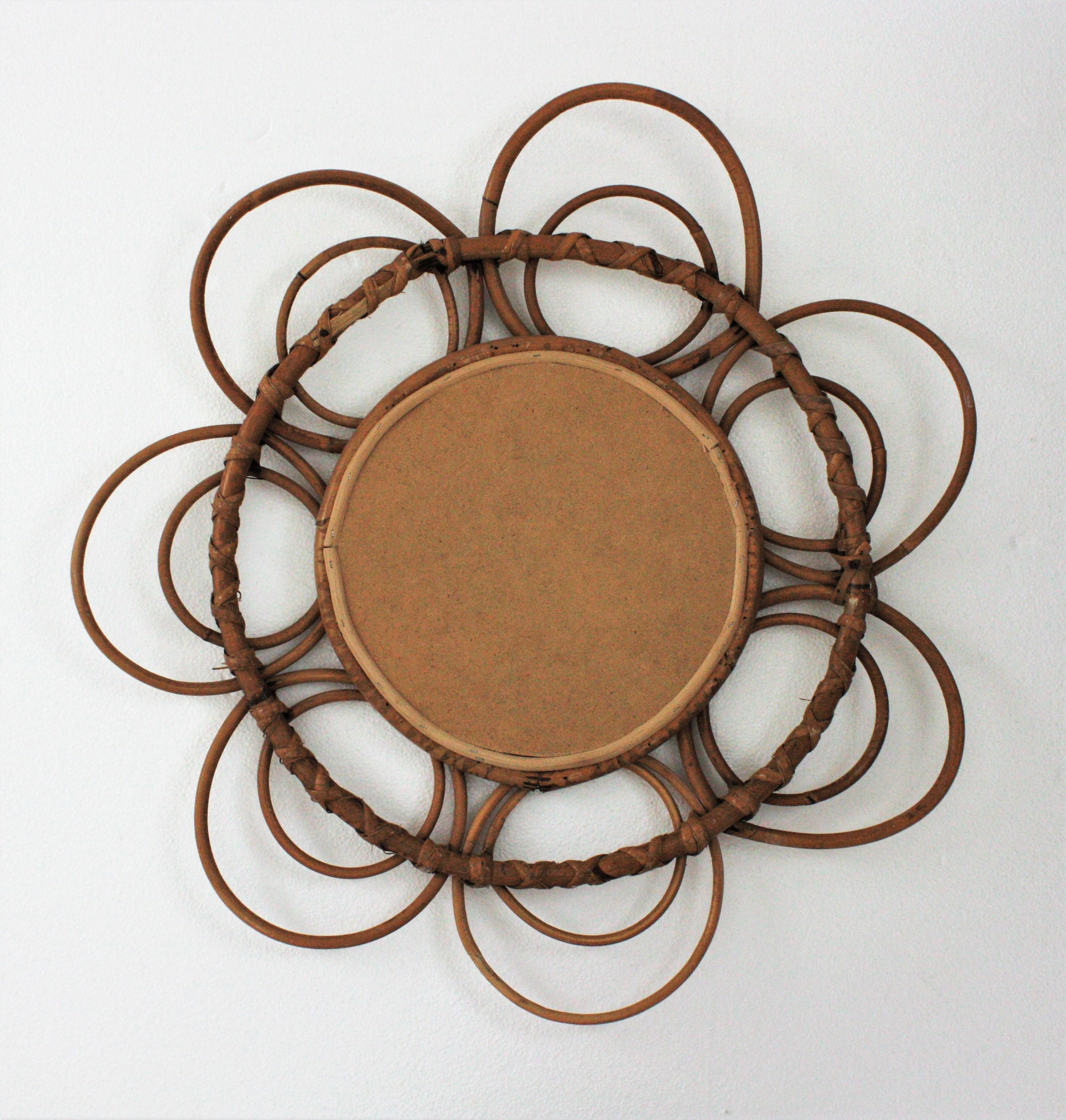 French Riviera Rattan Flower Sunburst Mirror, 1960s For Sale 3