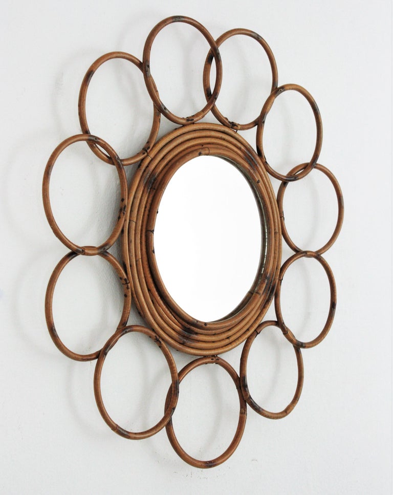 Mid-Century Modern Rattan French Riviera Round Flower Mirror with Rings Frame, 1960s For Sale