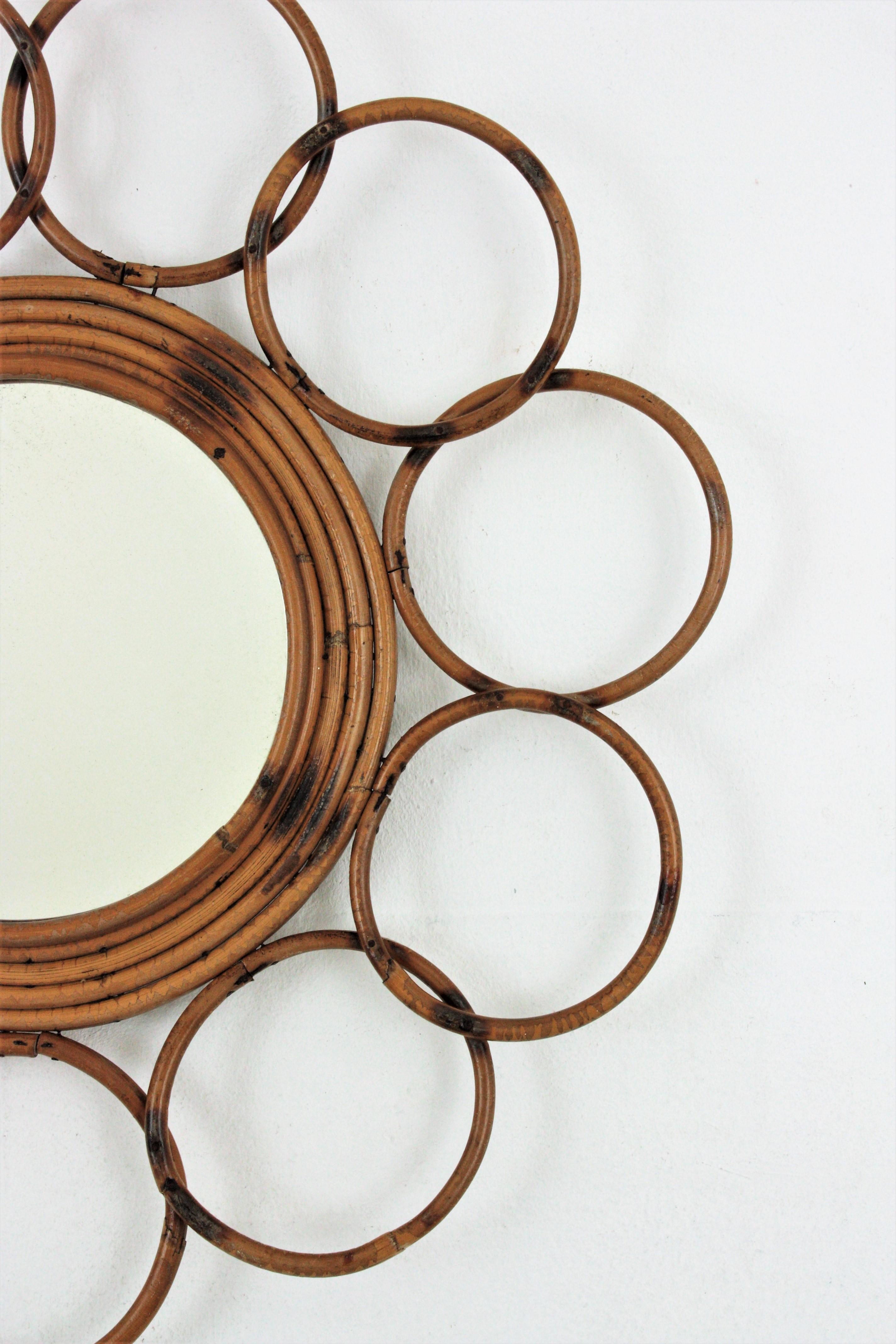 Hand-Carved Rattan French Riviera Round Flower Mirror with Rings Frame, 1960s For Sale