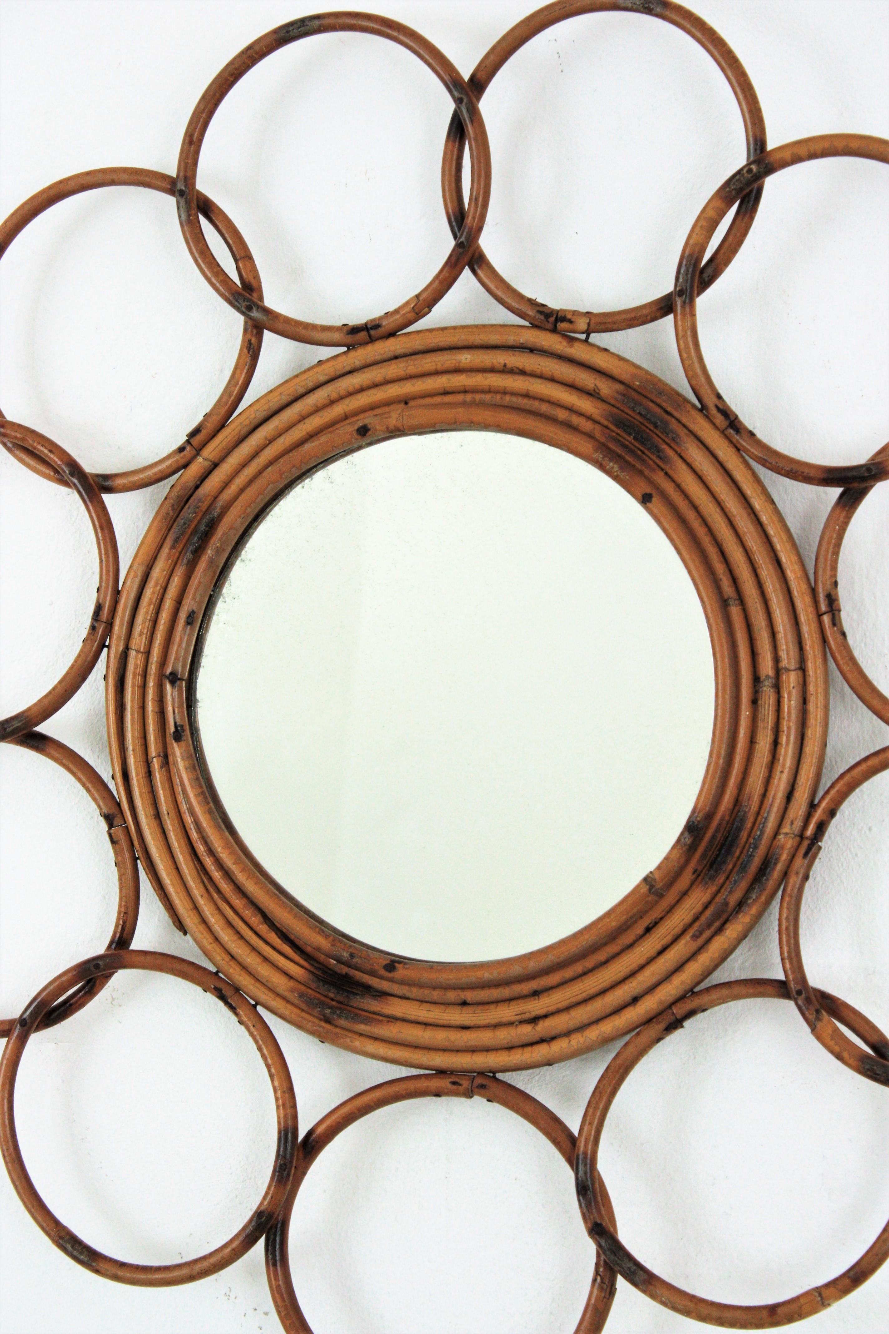 20th Century Rattan French Riviera Round Flower Mirror with Rings Frame, 1960s For Sale