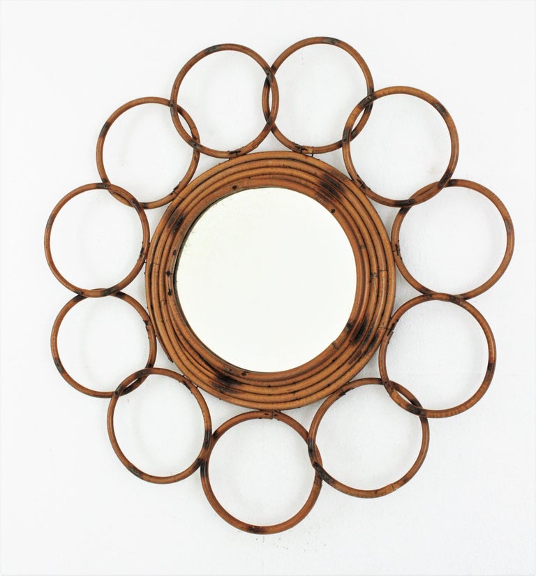 Rattan French Riviera Round Flower Mirror with Rings Frame, 1960s For Sale 1