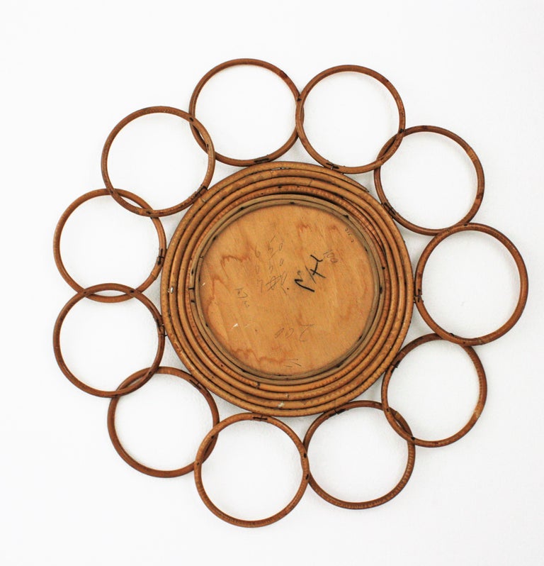 Rattan French Riviera Round Flower Mirror with Rings Frame, 1960s For Sale 2