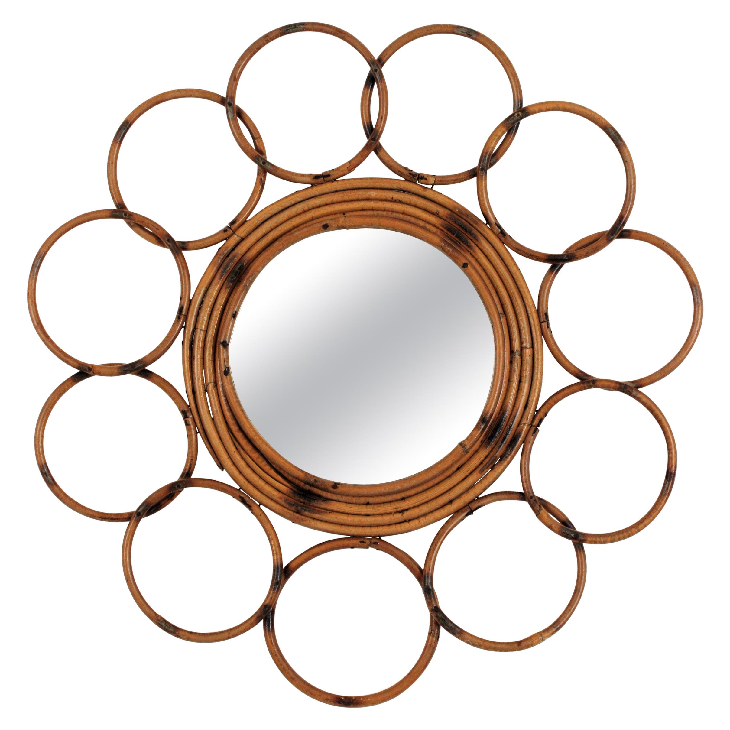 Rattan French Riviera Round Flower Mirror with Rings Frame, 1960s
