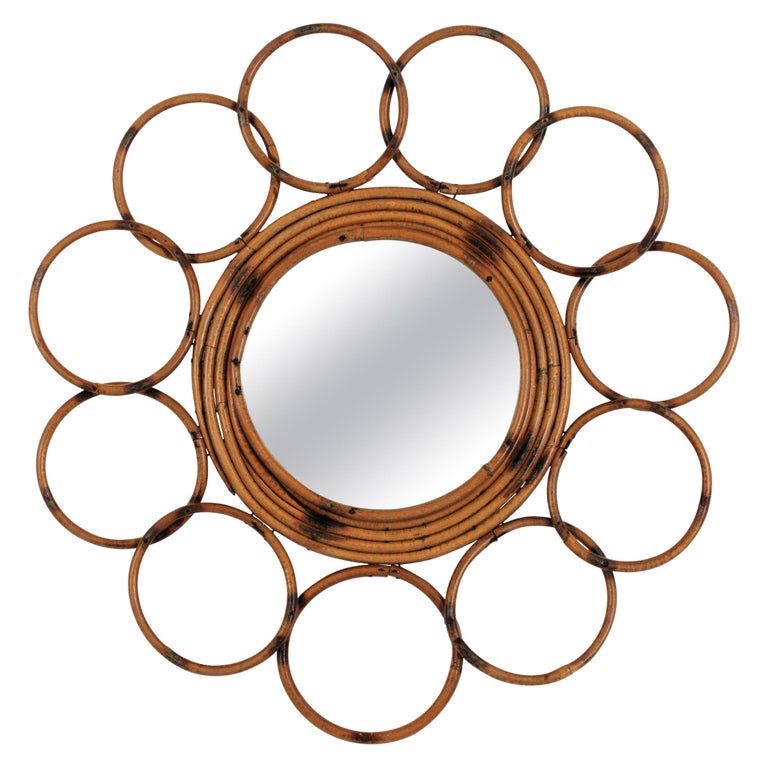 Rattan French Riviera Round Flower Mirror with Rings Frame, 1960s For Sale