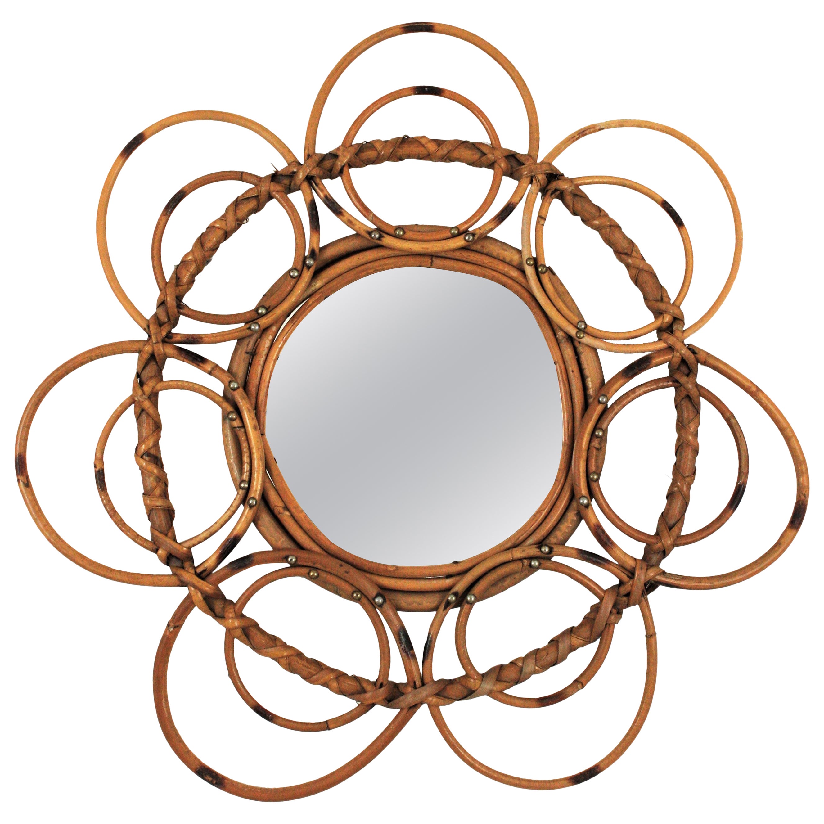 French Riviera Rattan Flower Sunburst Mirror, 1960s