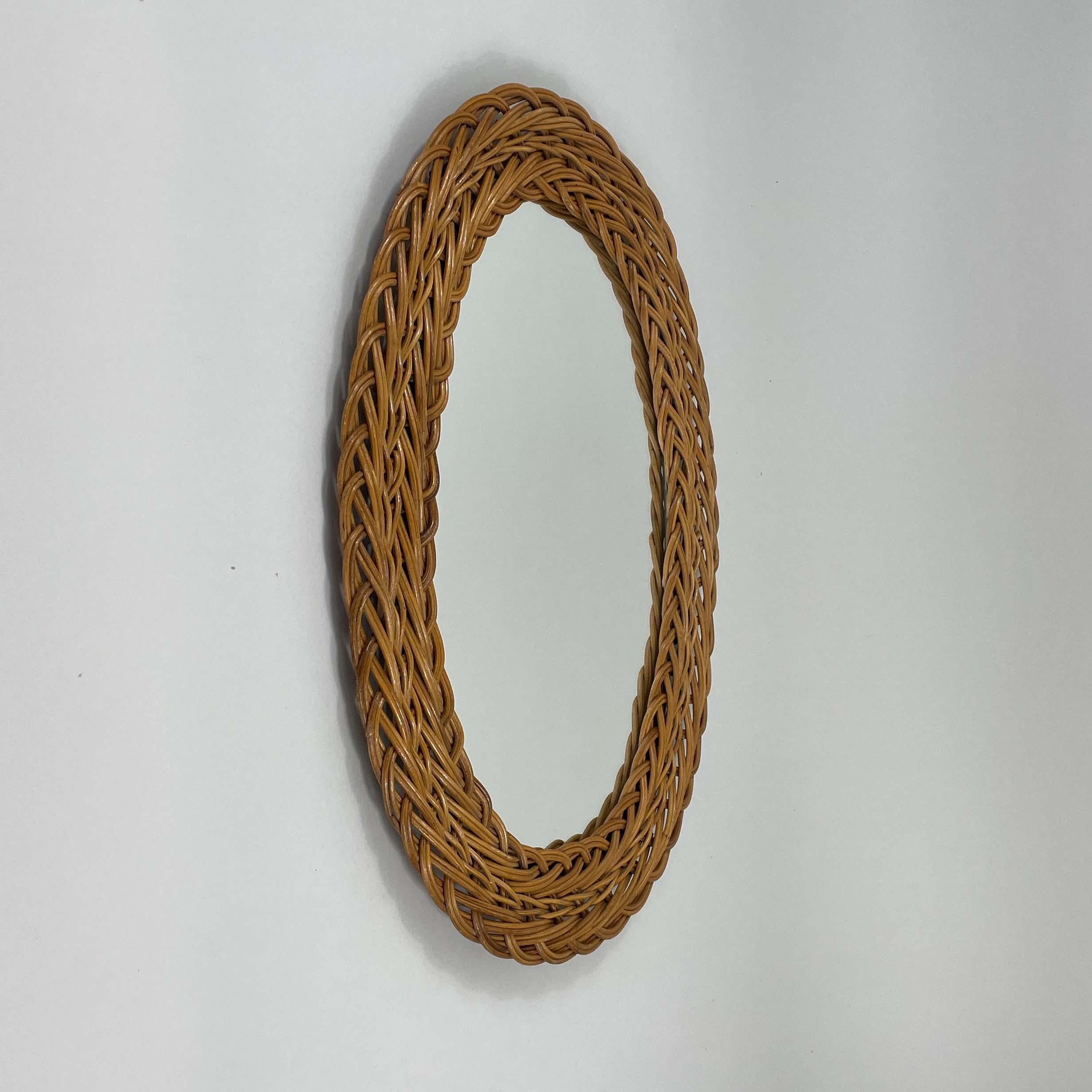 French Riviera Rattan Oval Wall Mirror, France 1960s For Sale 5