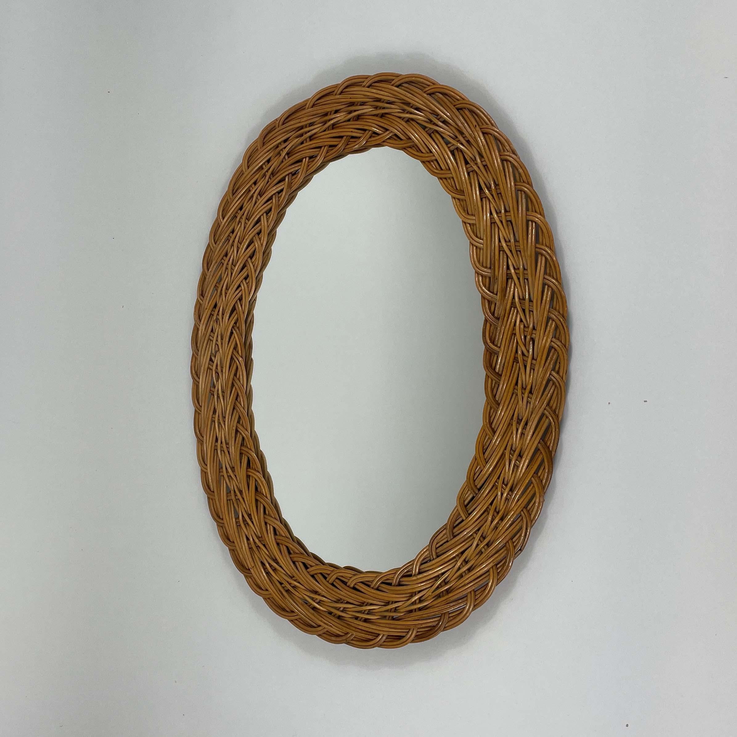 Mid-Century Modern French Riviera Rattan Oval Wall Mirror, France 1960s For Sale