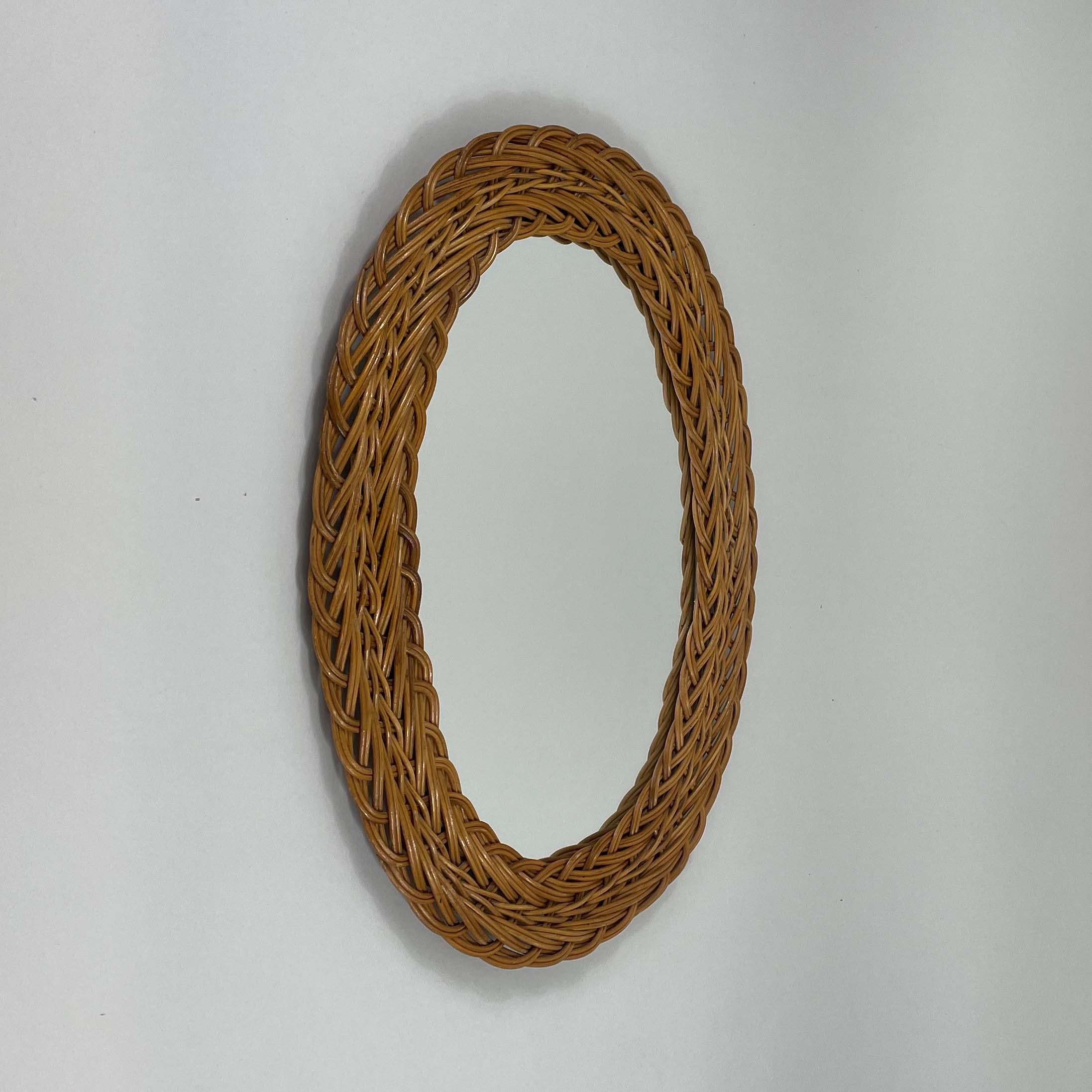 Hand-Woven French Riviera Rattan Oval Wall Mirror, France 1960s For Sale