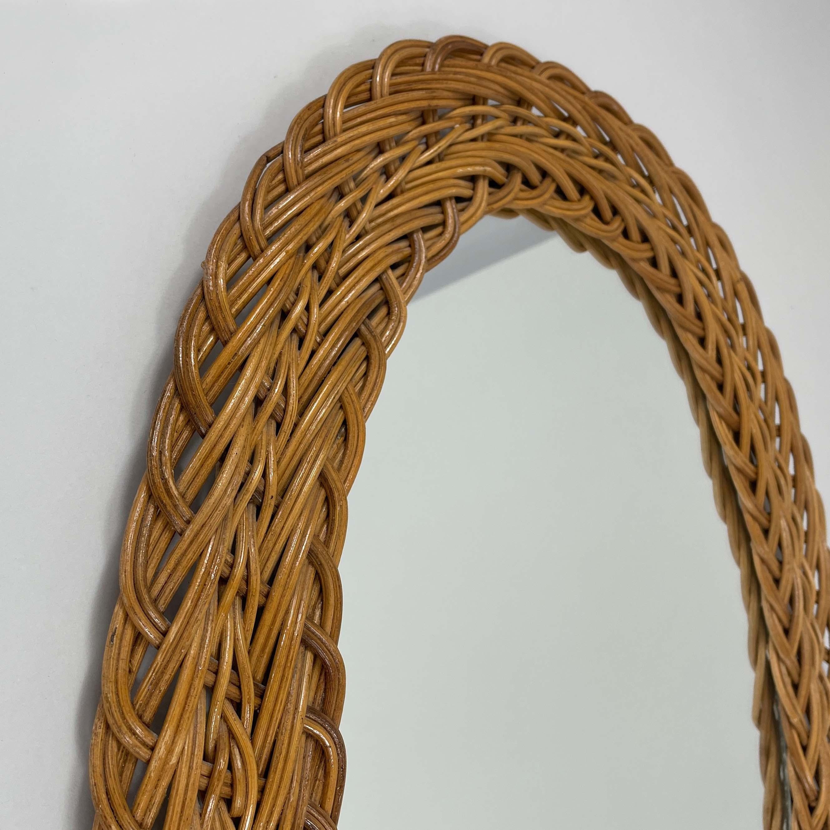 Mid-20th Century French Riviera Rattan Oval Wall Mirror, France 1960s For Sale