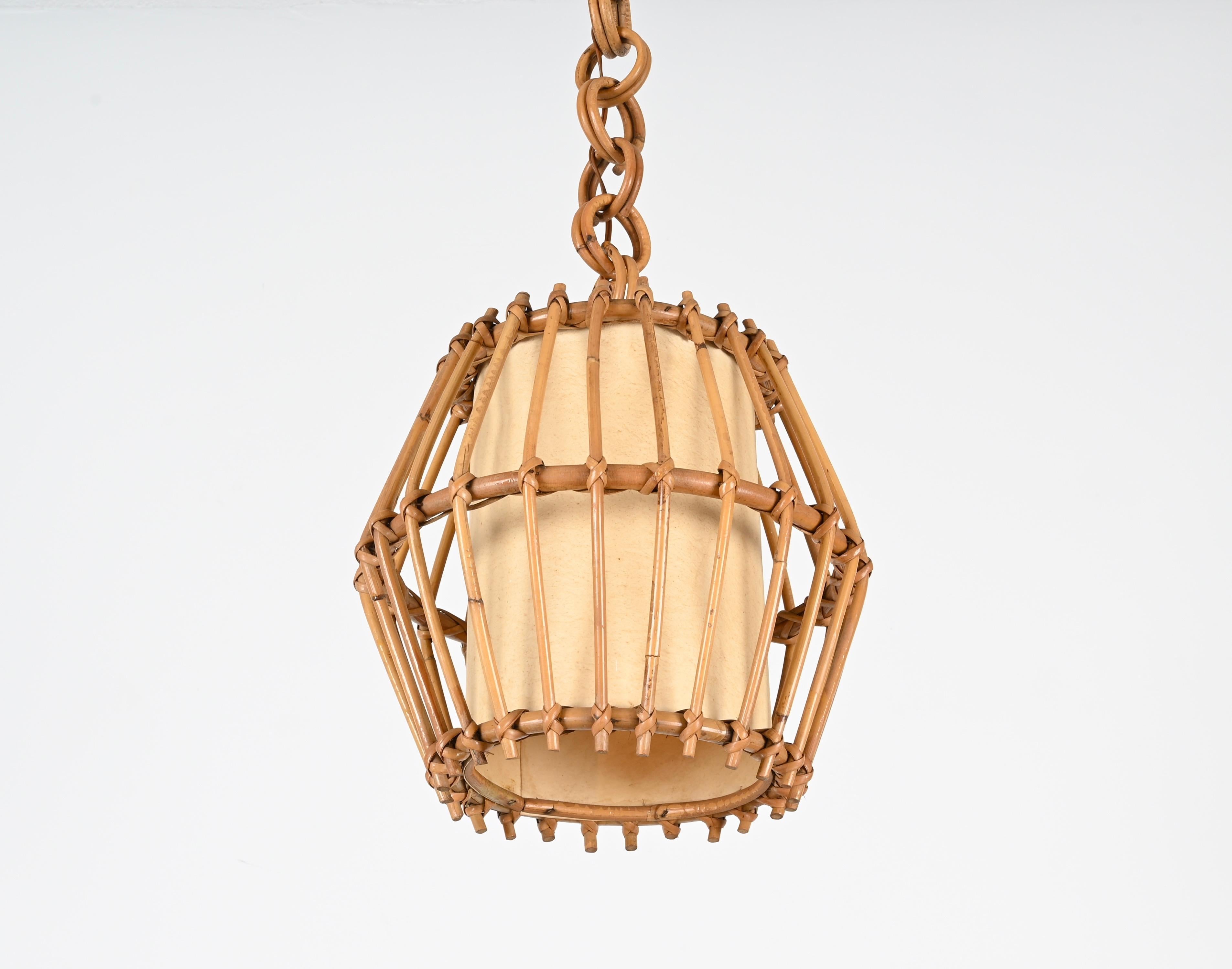French Riviera Rattan, Parchment and Wicker Chandelier, Sognot, France, 1960s For Sale 3