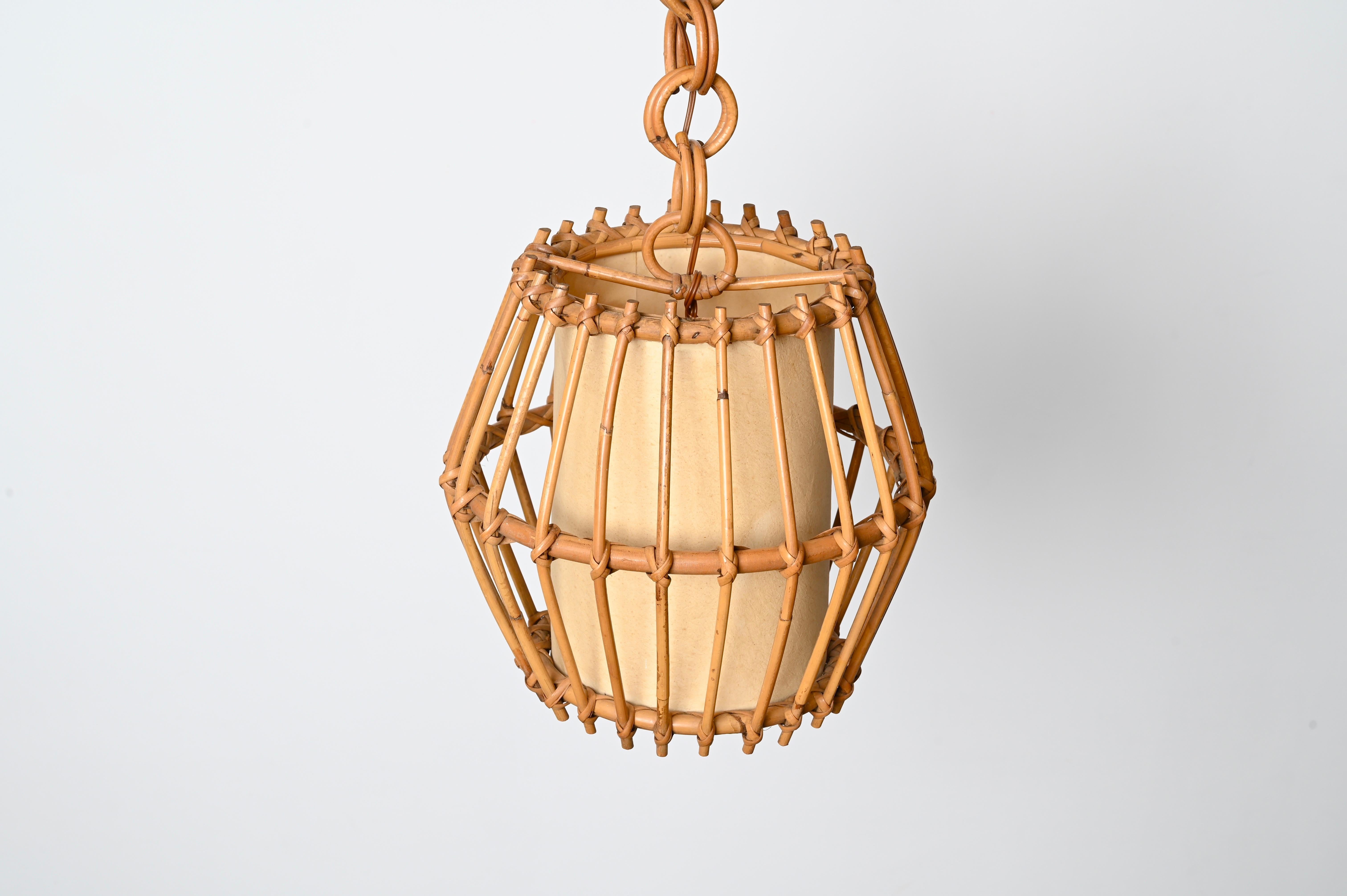 French Riviera Rattan, Parchment and Wicker Chandelier, Sognot, France, 1960s For Sale 4