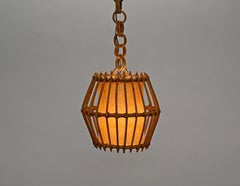 French Riviera Rattan, Parchment and Wicker Chandelier, Sognot, France, 1960s