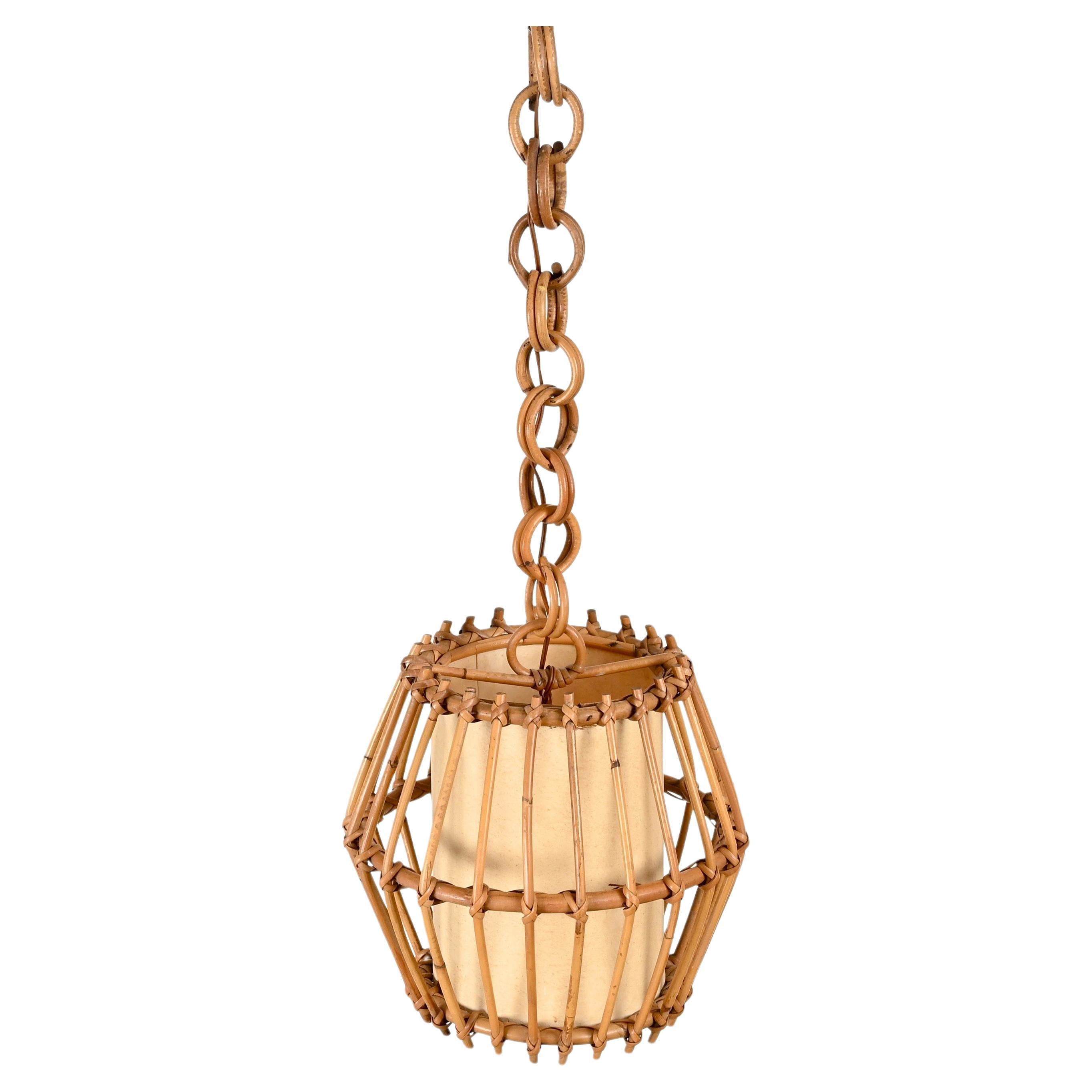 Mid-Century Modern French Riviera Rattan, Parchment and Wicker Chandelier, Sognot, France, 1960s For Sale