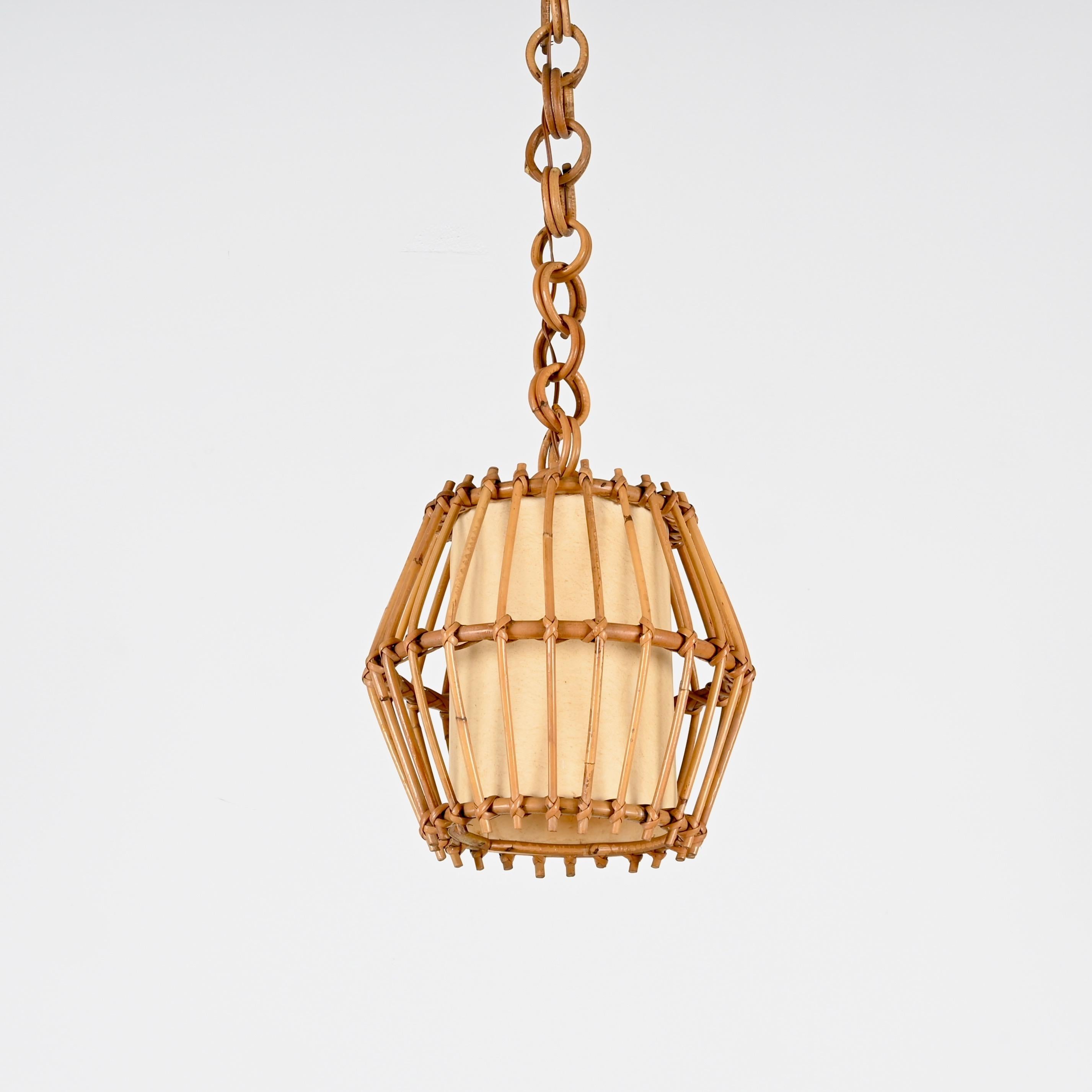 Hand-Crafted French Riviera Rattan, Parchment and Wicker Chandelier, Sognot, France, 1960s For Sale