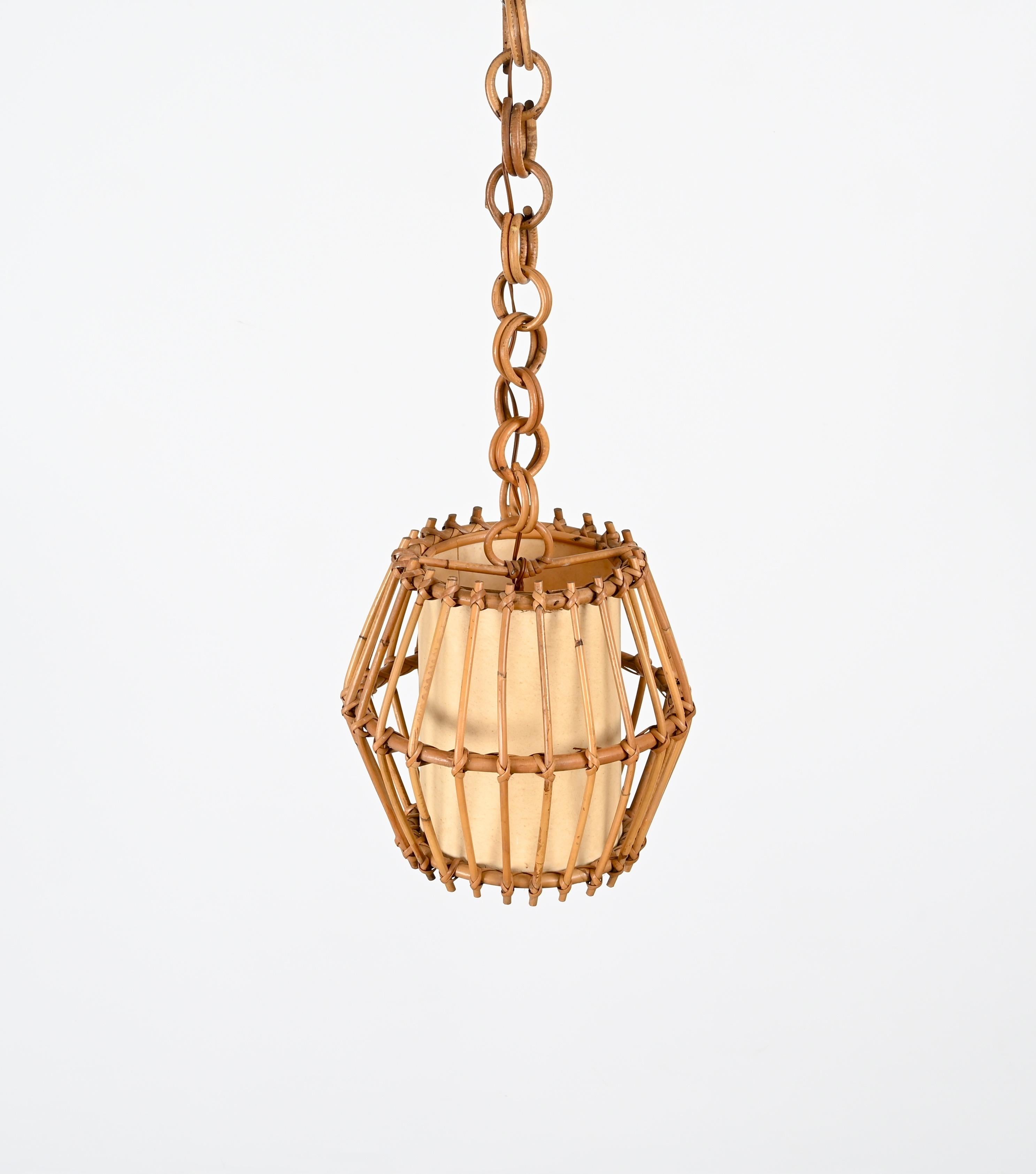 20th Century French Riviera Rattan, Parchment and Wicker Chandelier, Sognot, France, 1960s For Sale