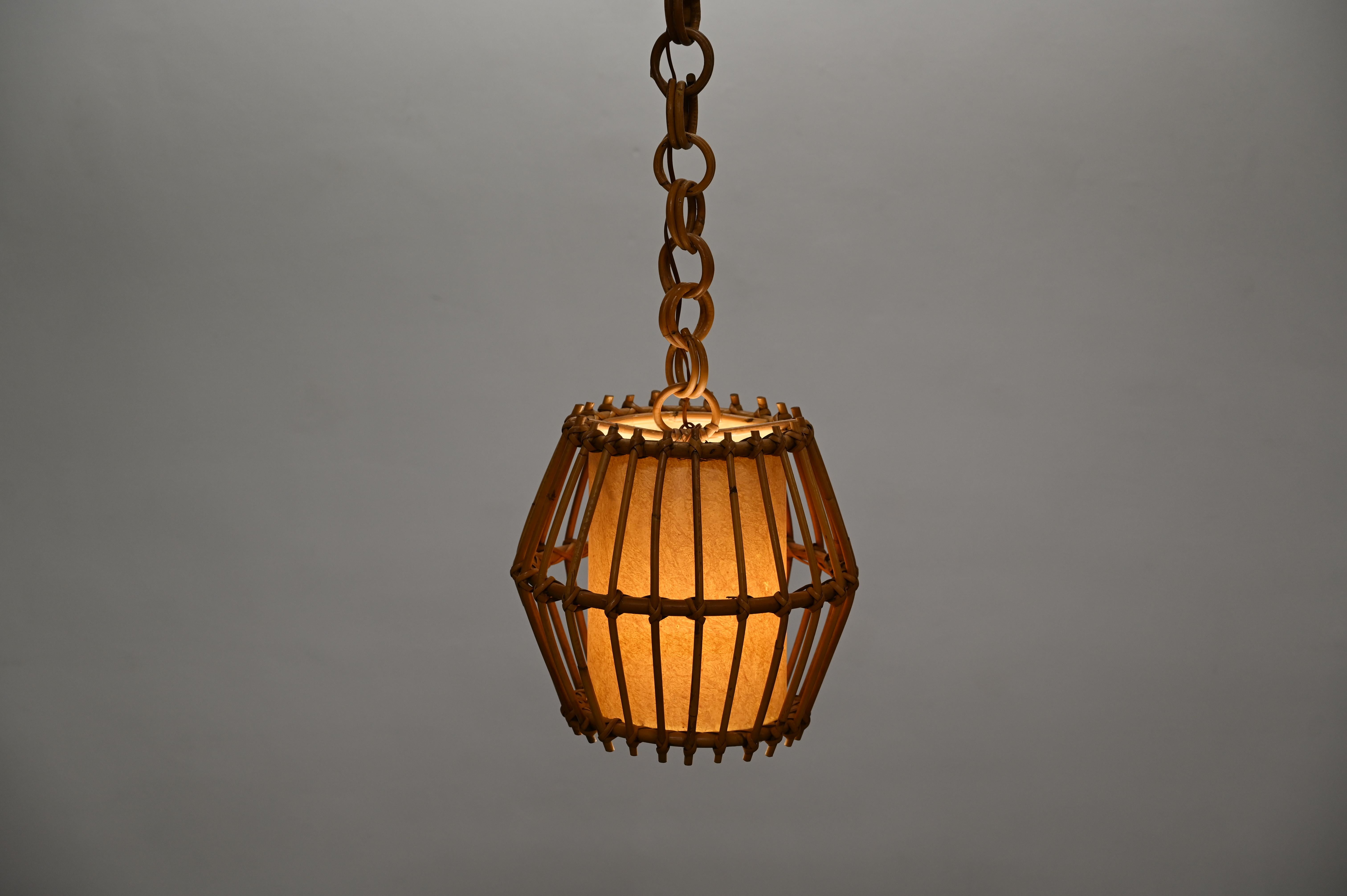 Bamboo French Riviera Rattan, Parchment and Wicker Chandelier, Sognot, France, 1960s For Sale