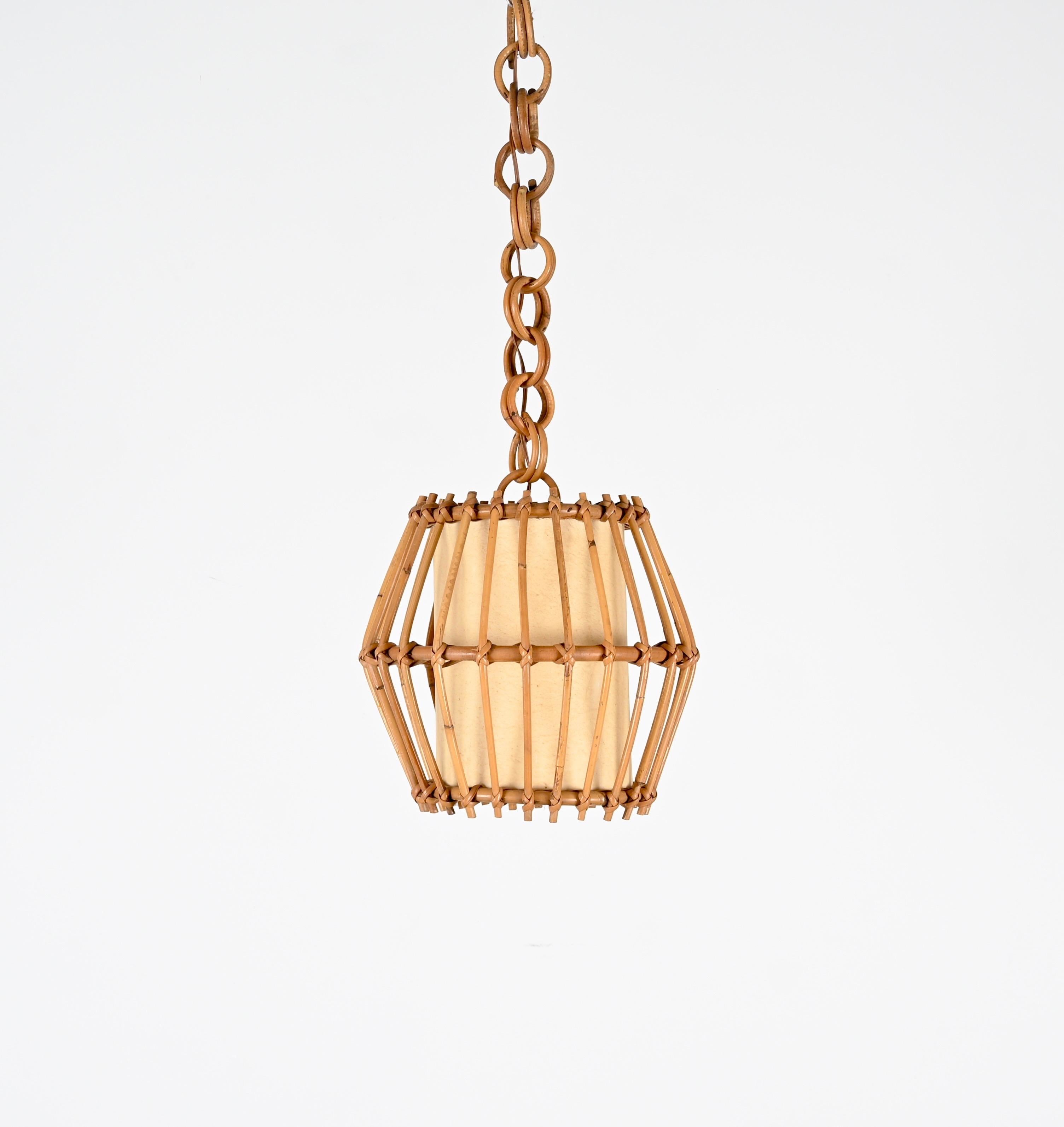 French Riviera Rattan, Parchment and Wicker Chandelier, Sognot, France, 1960s For Sale 1