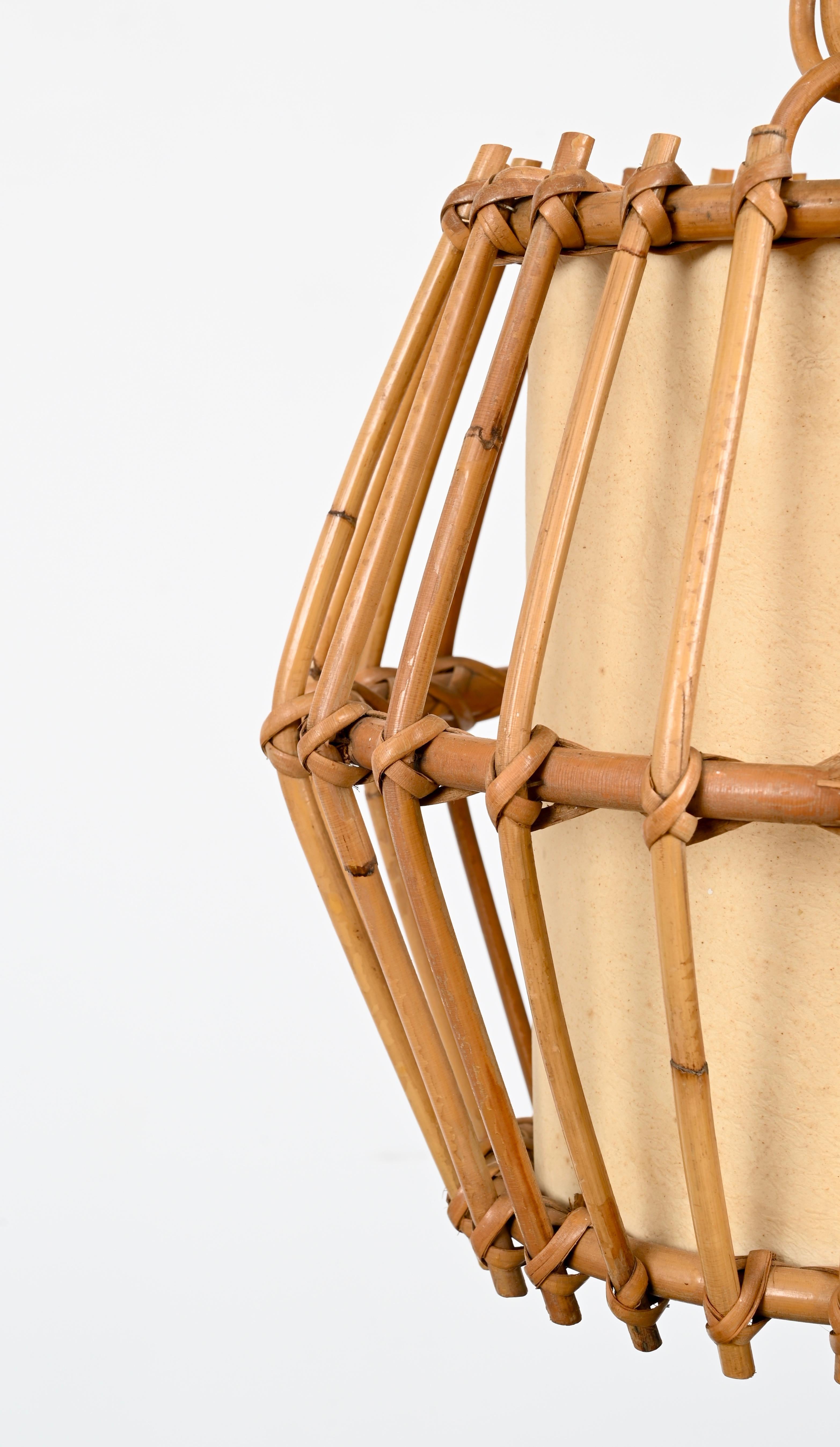 French Riviera Rattan, Parchment and Wicker Chandelier, Sognot, France, 1960s For Sale 2