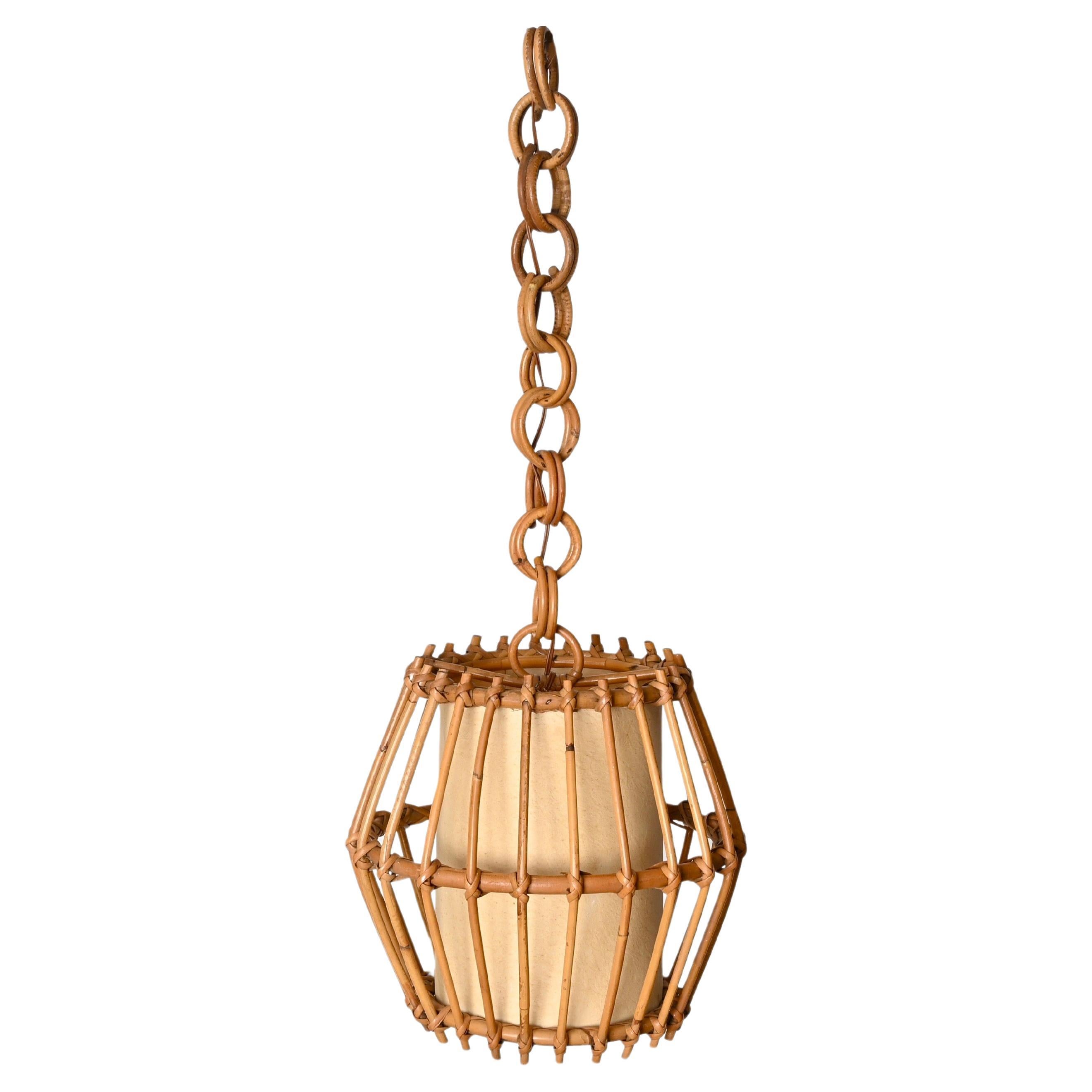 French Riviera Rattan, Parchment and Wicker Chandelier, Sognot, France, 1960s For Sale