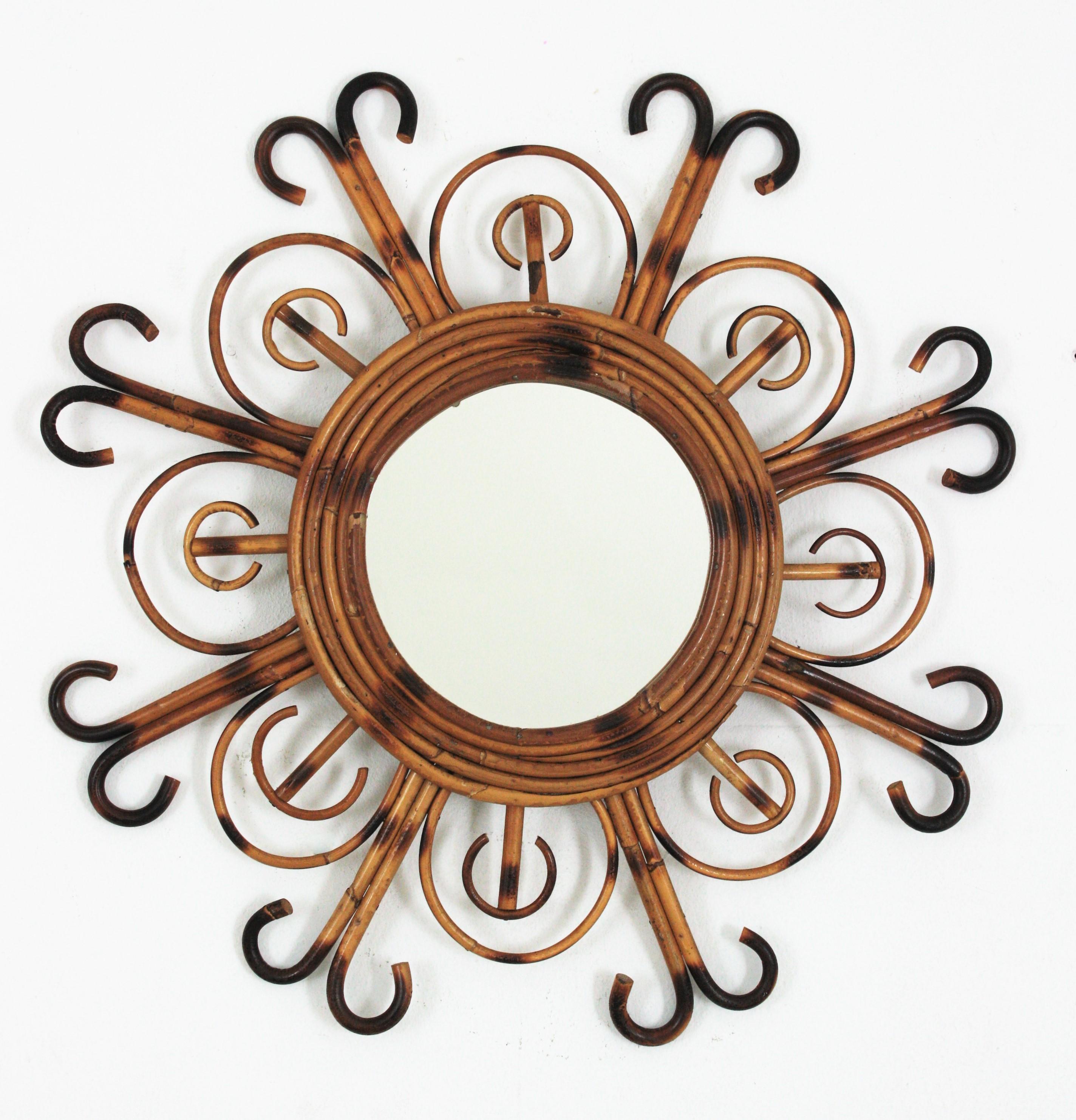 French Riviera Rattan Sunburst Mirror, 1950s For Sale 3