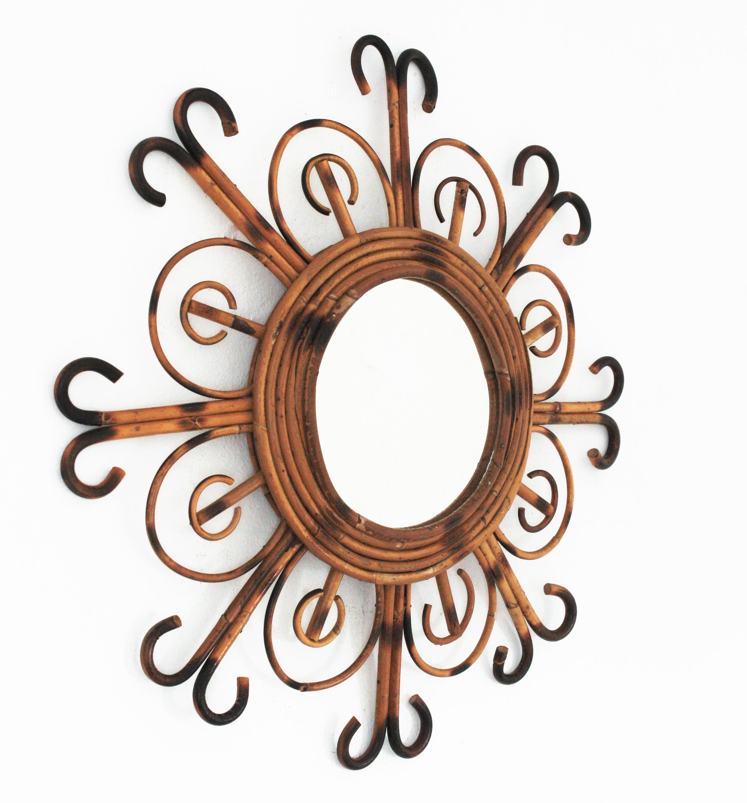 Mid-Century Modern French Riviera Rattan Sunburst Mirror, 1950s For Sale
