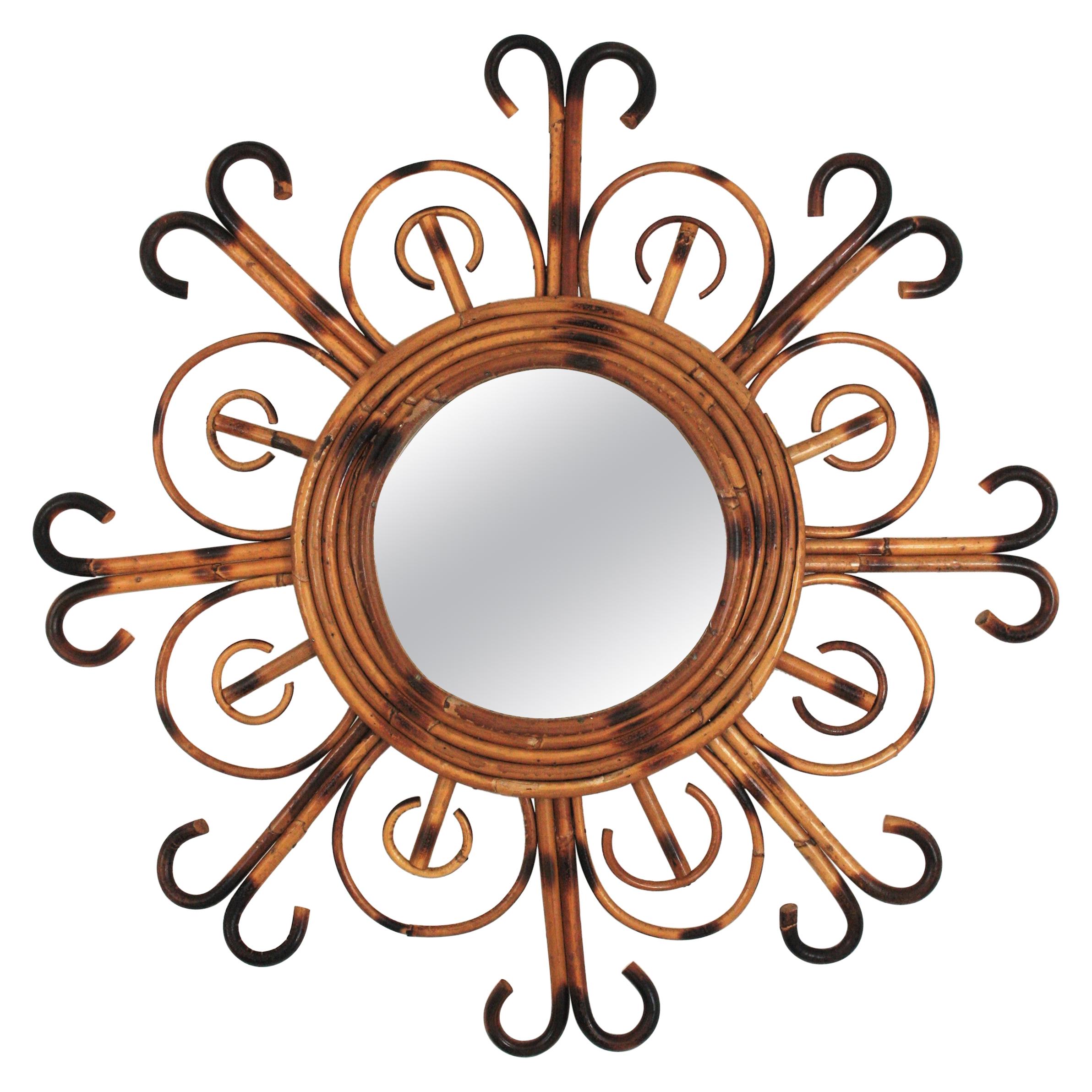 French Riviera Rattan Sunburst Mirror, 1950s For Sale