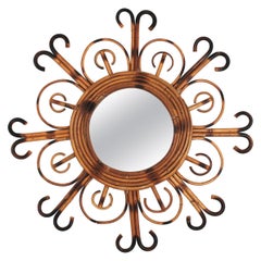 Retro French Riviera Rattan Sunburst Mirror, 1950s
