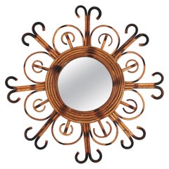 Miroir en rotin Sunburst de la Côte d'Azur, années 1950