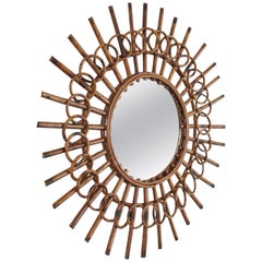 French Riviera Rattan Sunburst Mirror with Circles Design, 1960s