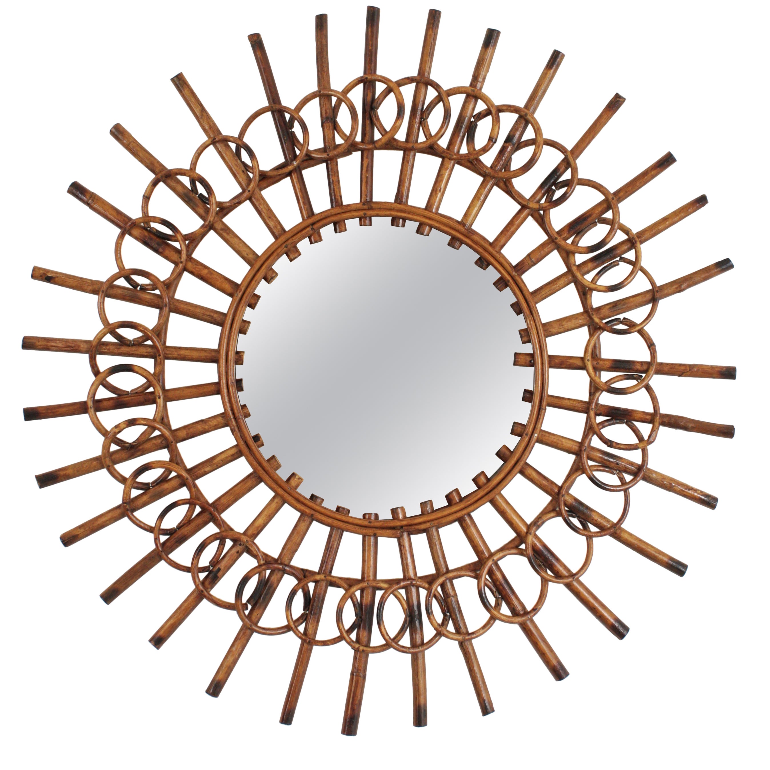 French Riviera Rattan Sunburst Mirror with Circles Design, 1960s For Sale