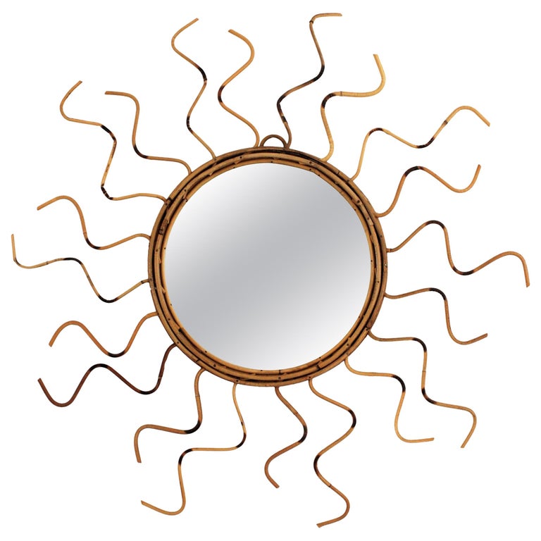 French Riviera Rattan Sunburst Mirror with Curly Rays & Pyrography Accents 1960s For Sale