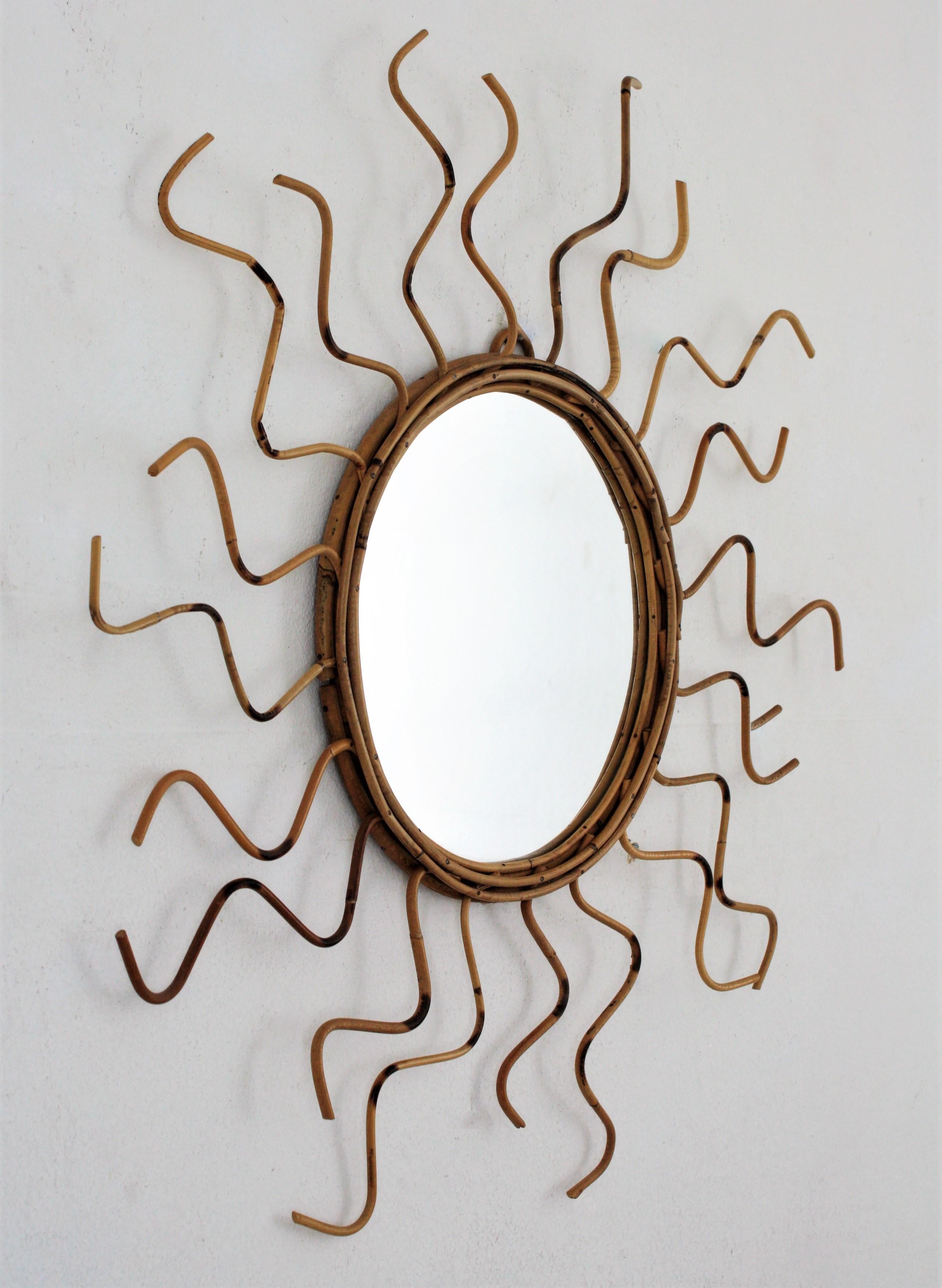 Mid-Century Modern French Riviera Rattan Sunburst Mirror with Curly Rays, 1960s