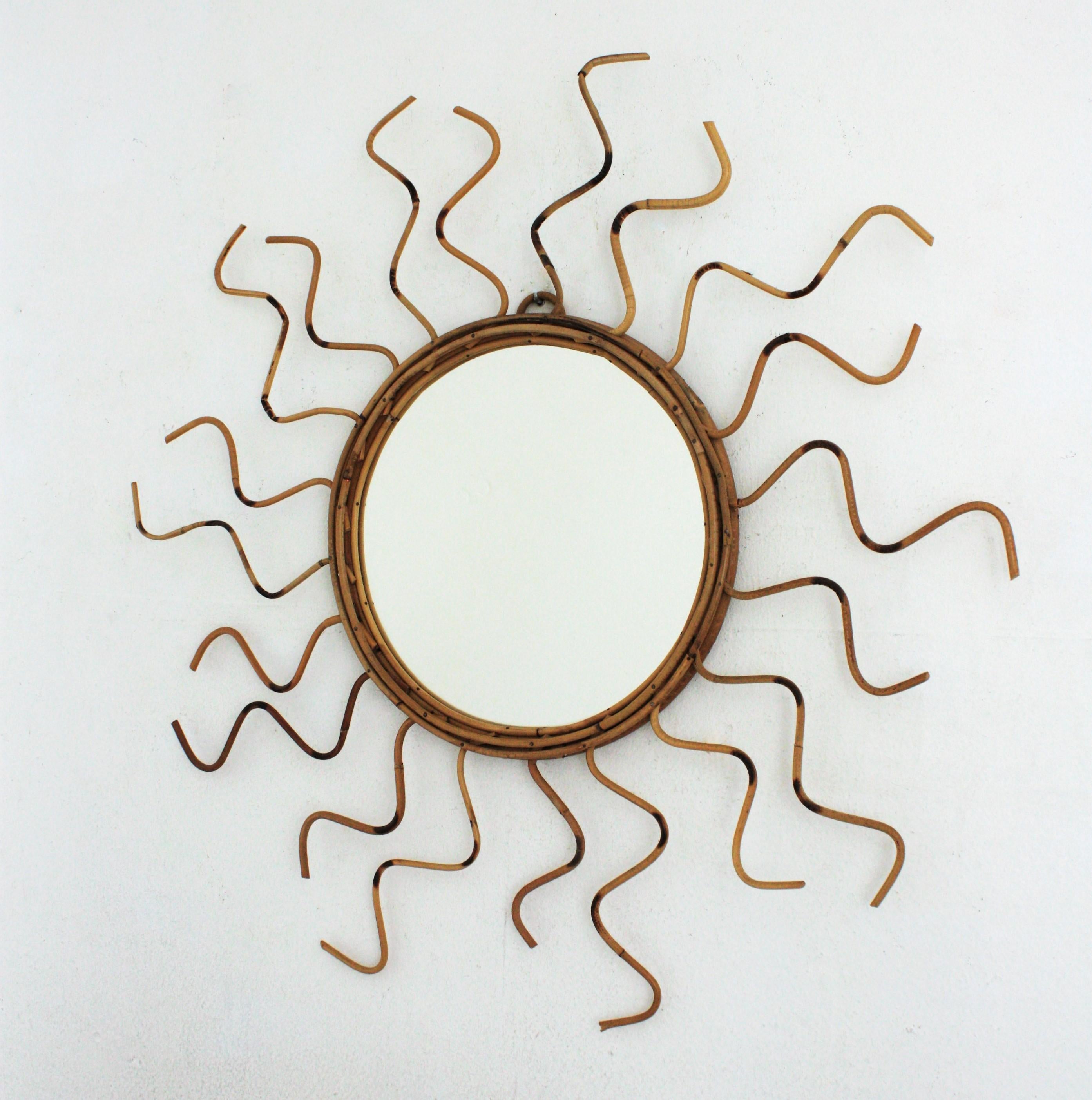 20th Century French Riviera Rattan Sunburst Mirror with Curly Rays, 1960s