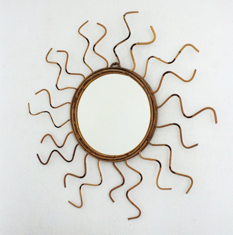 French Riviera Rattan Sunburst Mirror with Curly Rays & Pyrography Accents 1960s For Sale 2