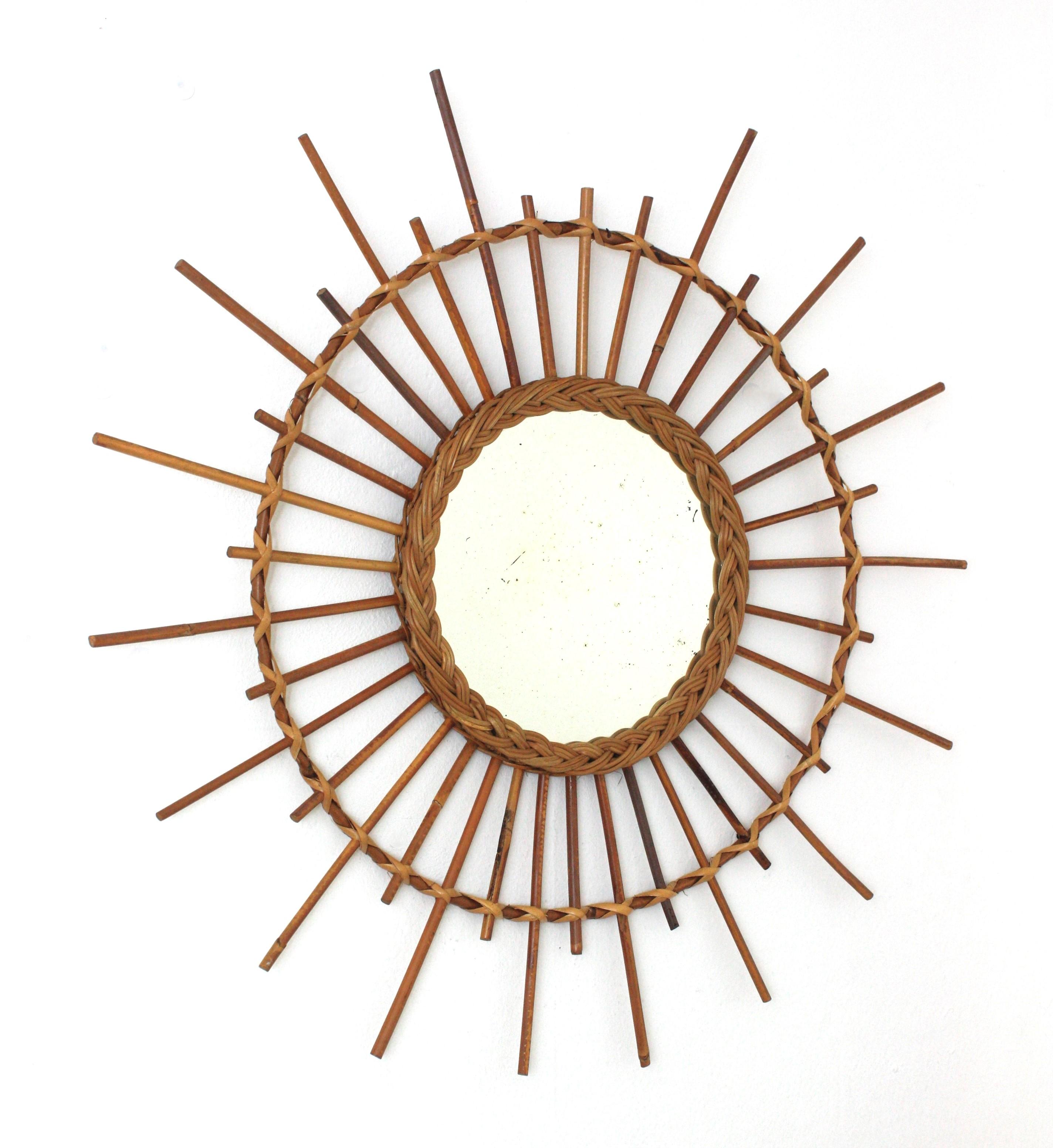 Mid-Century Modern French Riviera Rattan Sunburst Starburst Mirror, 1960s For Sale