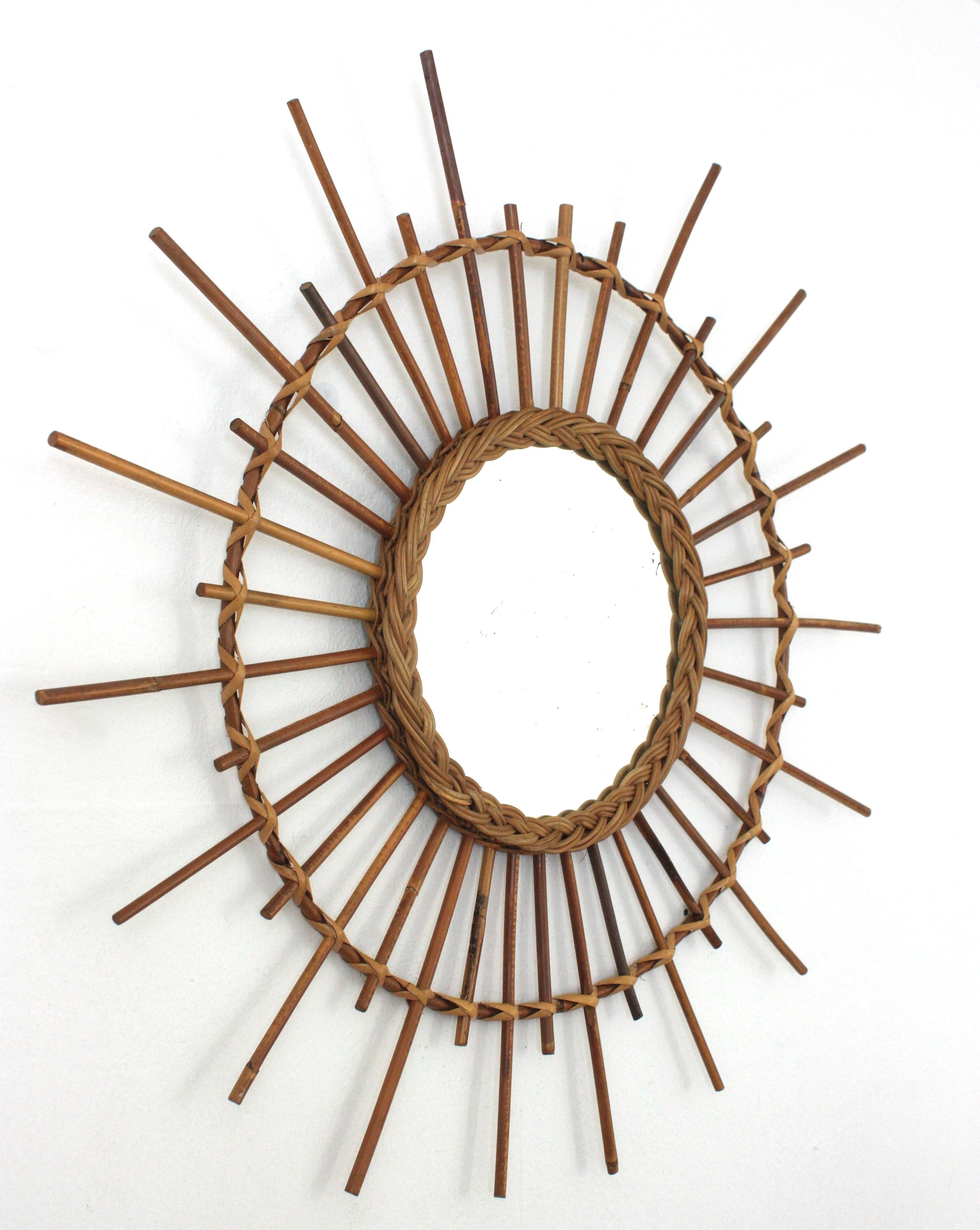 Hand-Crafted French Riviera Rattan Sunburst Starburst Mirror, 1960s For Sale