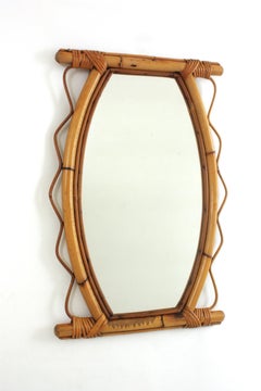 Miroir mural en rotin de la Côte d'Azur avec cadre dentelé, années 1950