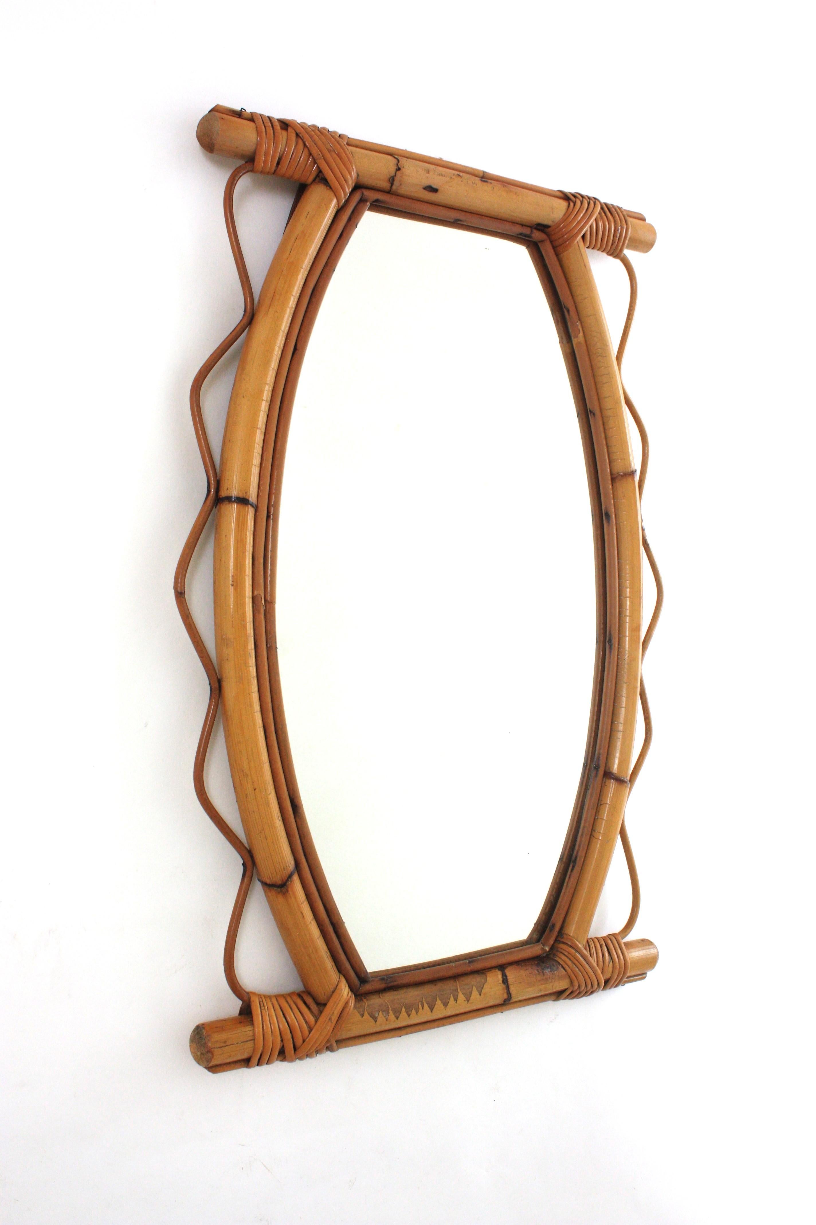 Mid-Century Modern French Riviera Rattan Wall Mirror with Jagged Frame, 1950s For Sale